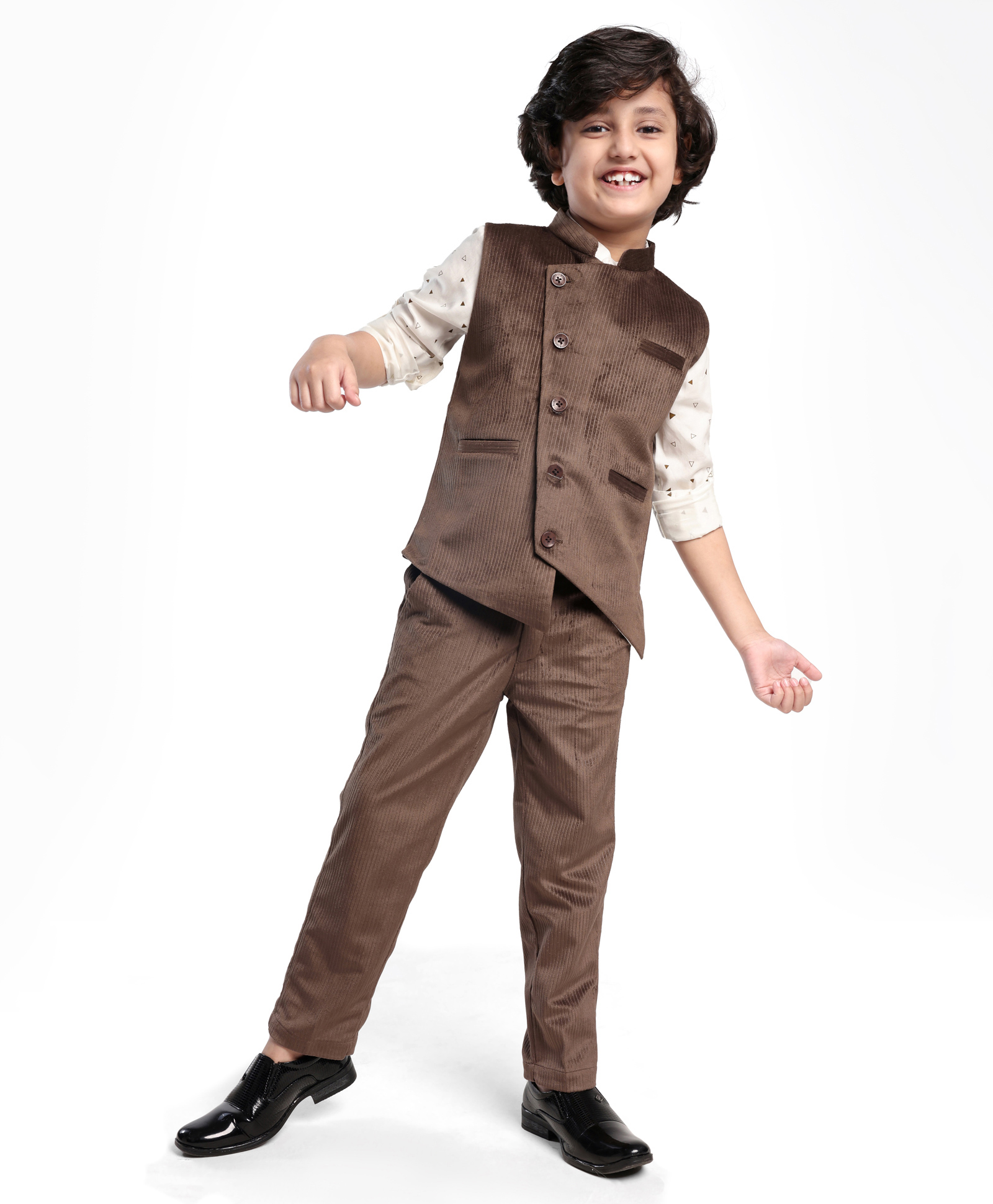 Robo Fry Woven Full Sleeves Printed 3 Piece Party Suit - Brown-image-44