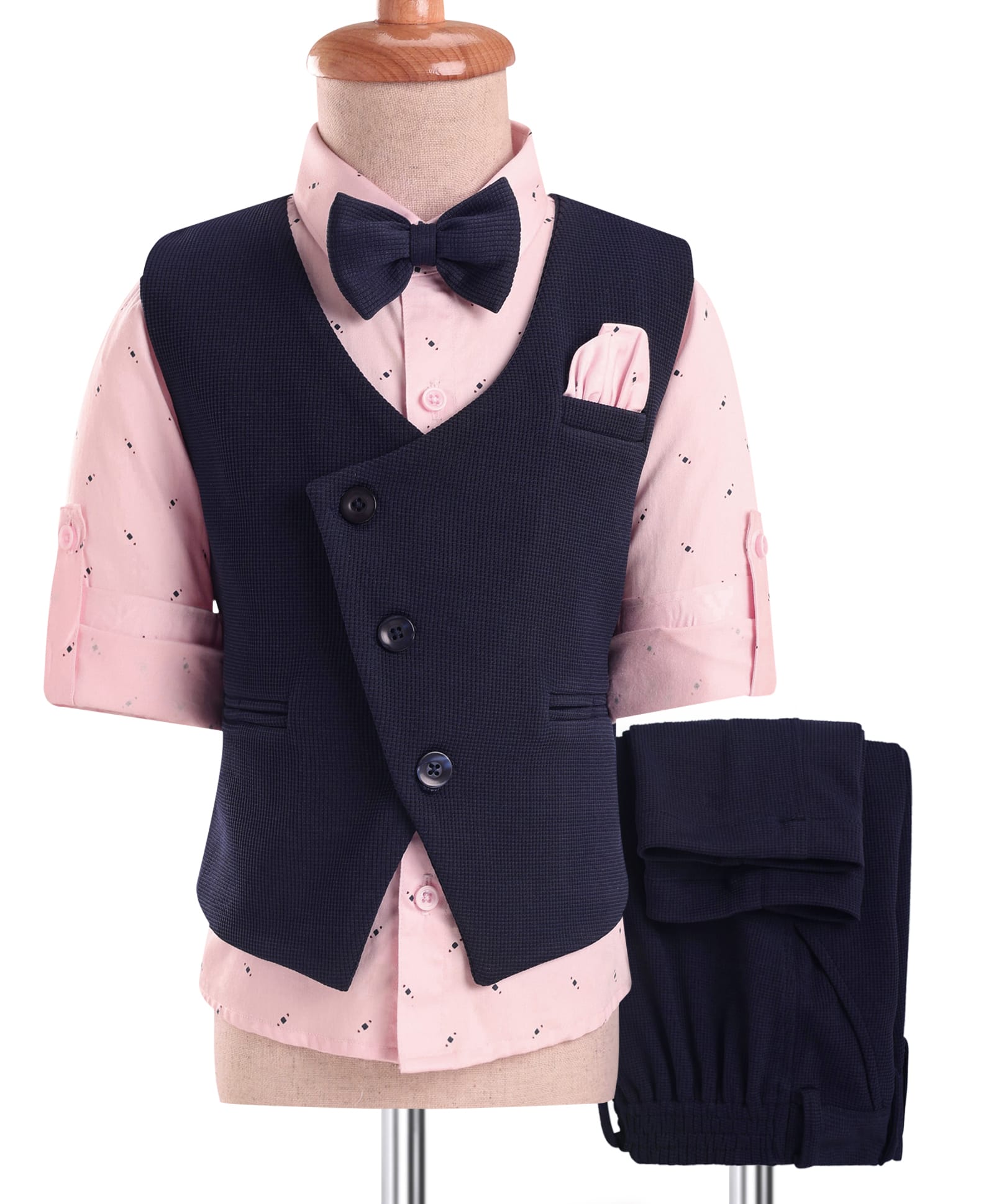 Robo Fry Woven Full Sleeves Textured 3 Piece Party Suit With Bow - Navy Blue & Pink-picture-11