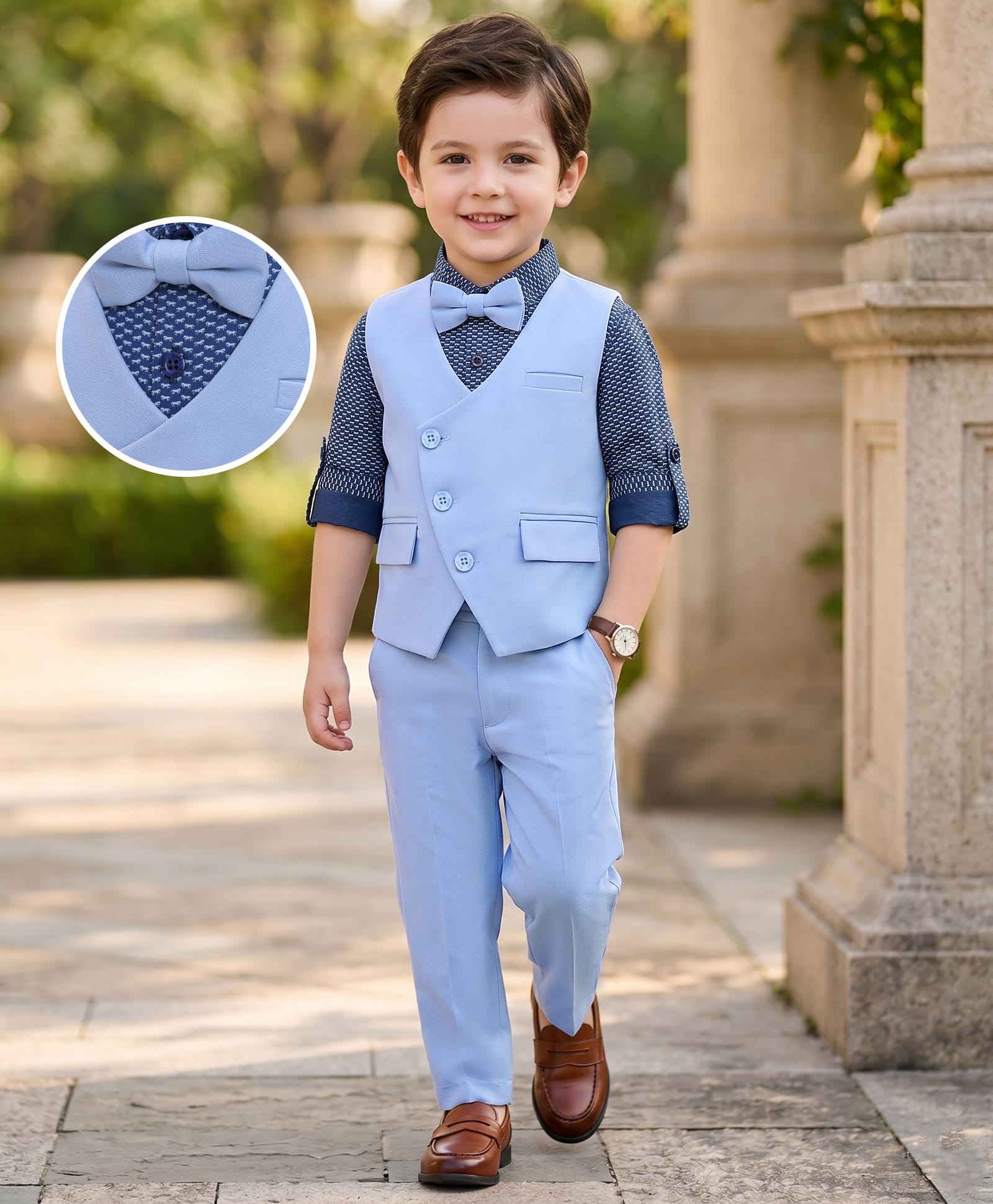 Robo Fry Woven Full Sleeves Printed 3 Piece Party Suit With Bow - Light Blue-image-38
