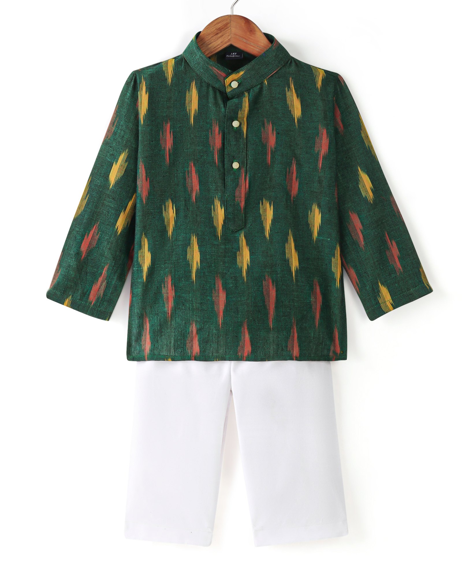 JAV Creations Full Sleeves Ikat Printed Kurta With  Pyjama - Green-picture-31