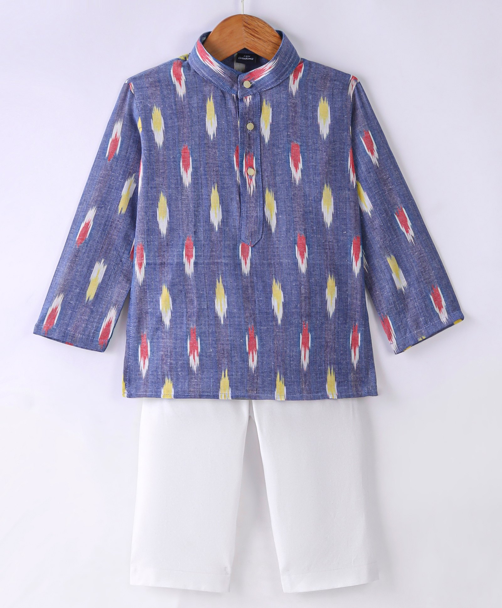 JAV Creations Full Sleeves Ikat Printed Kurta With  Pyjama - Blue-picture-30
