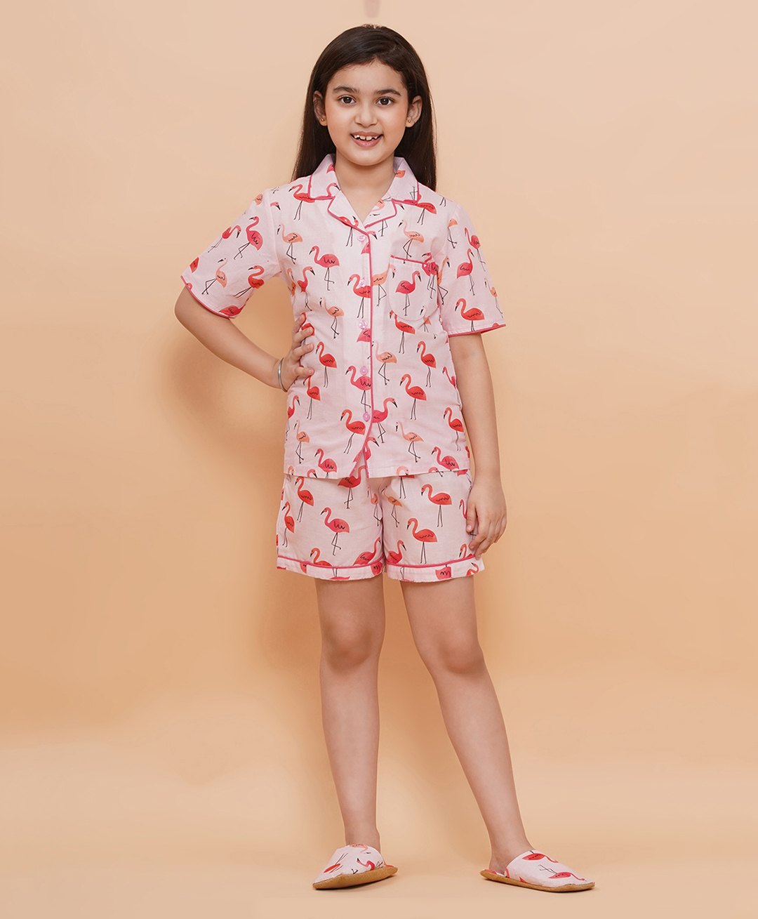 Piccolo Cotton Woven Half Sleeves Flamingos Printed  Night Suit - Pink-image-42