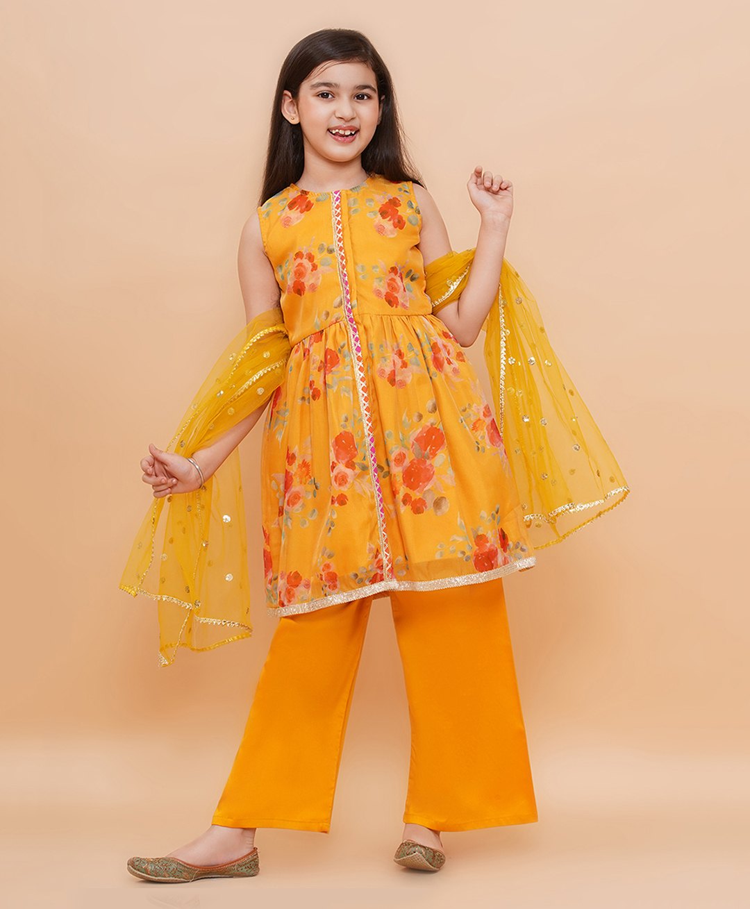 Piccolo Sleeveless Floral Printed Lace Detailed Kurta With Sharara & Dupatta Set - Yellow-picture-23