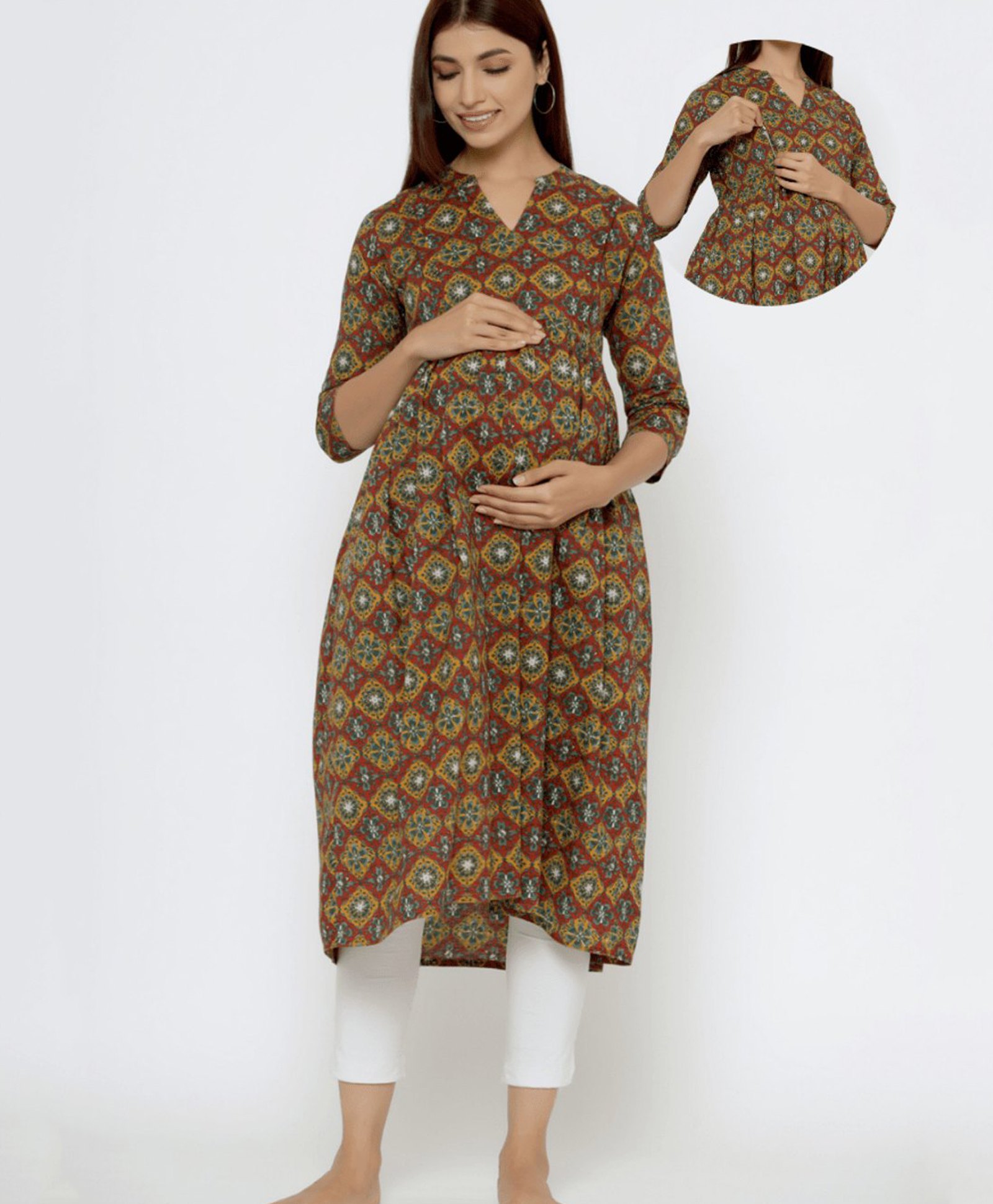 CRAFIQA Three Fourth Sleeves Floral Printed Maternity Kurta With Concealed Zipper Nursing Access - Mustard Yellow & Maroon-image-27
