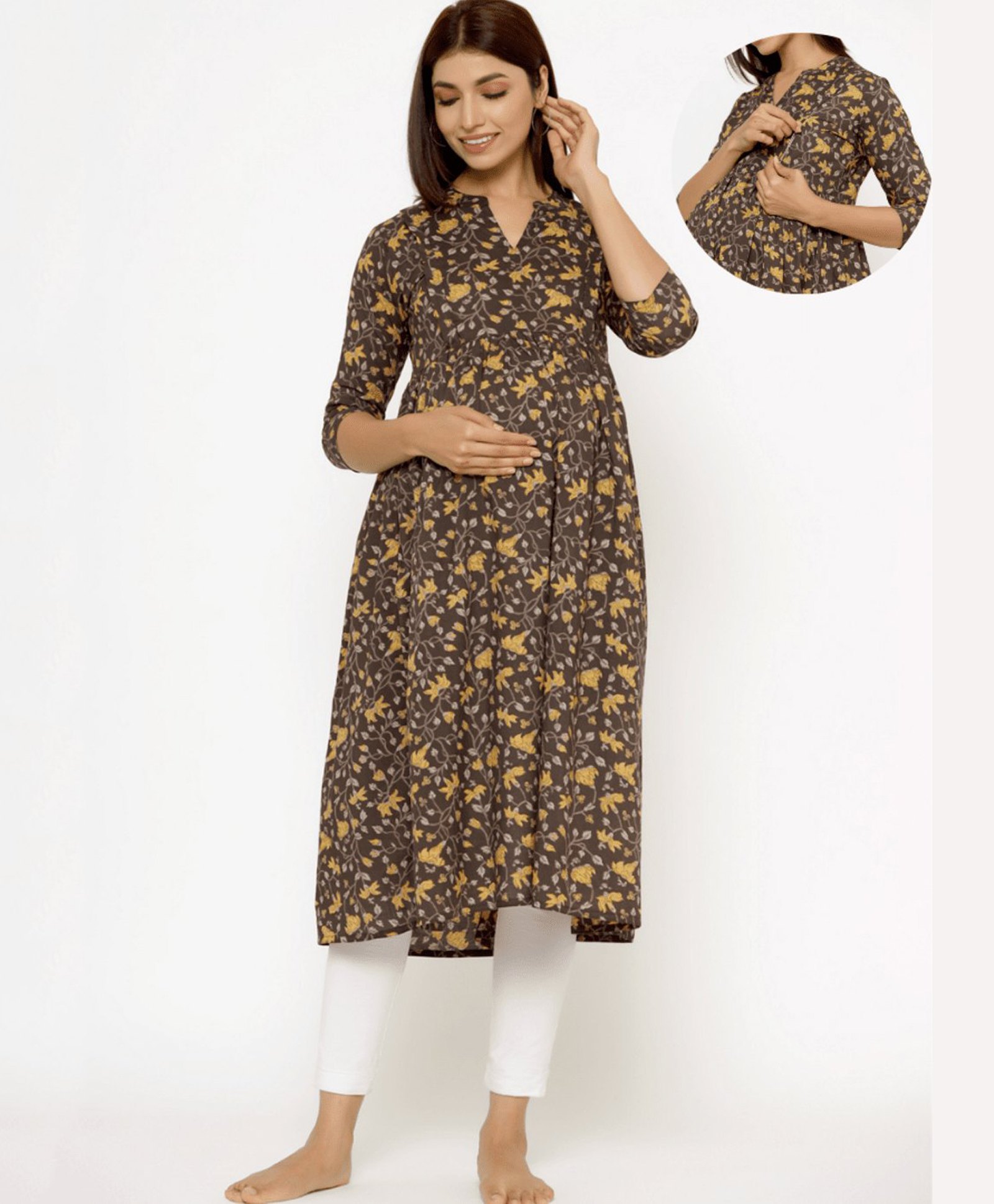 CRAFIQA Three Fourth Sleeves Floral Printed Maternity Kurta With Concealed Zipper Nursing Access - Brown-image-29