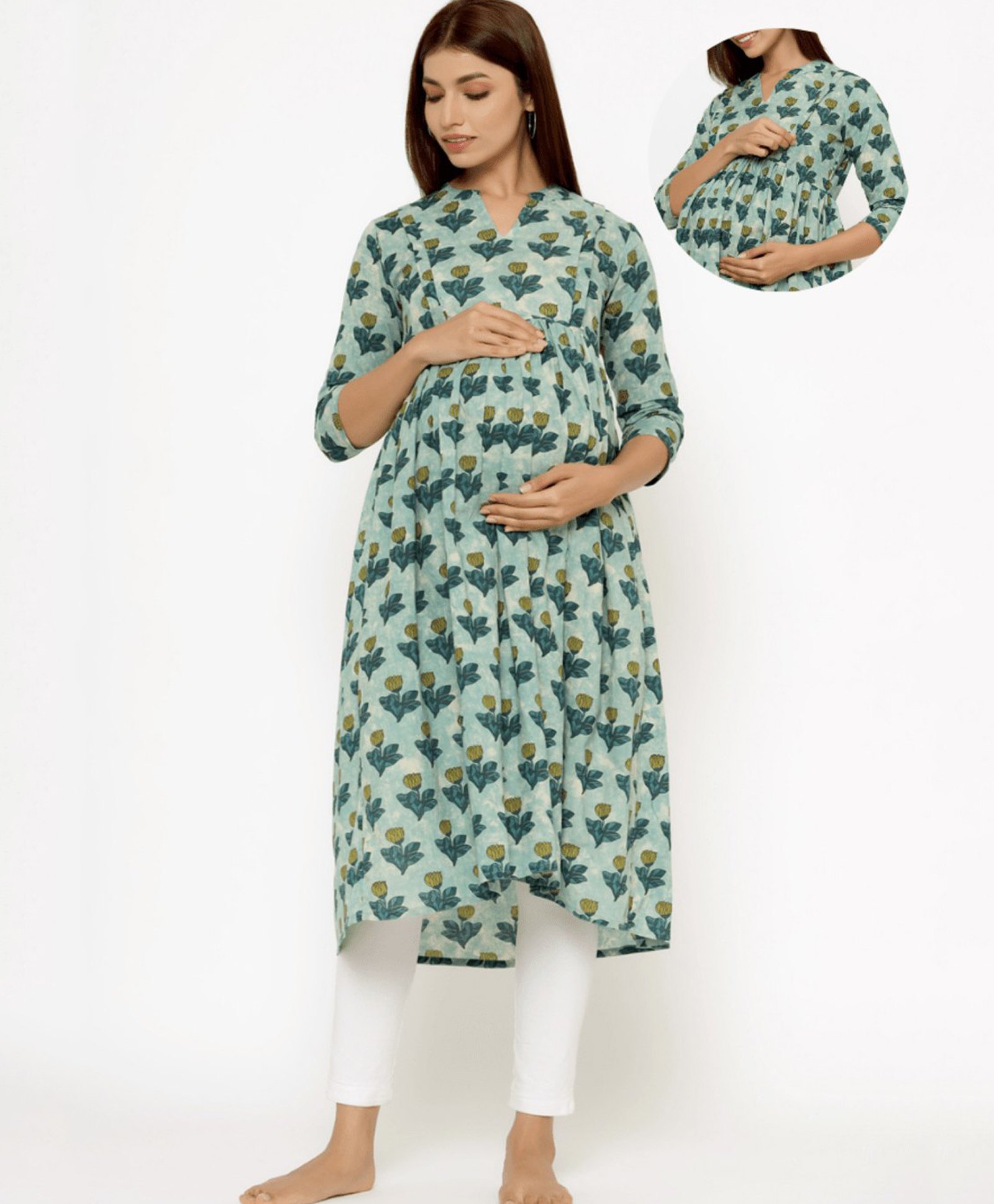 CRAFIQA Three Fourth Sleeves Ethnic Motifs  Printed Maternity Kurta With Concealed Zipper Nursing Access - Light Blue-image-36
