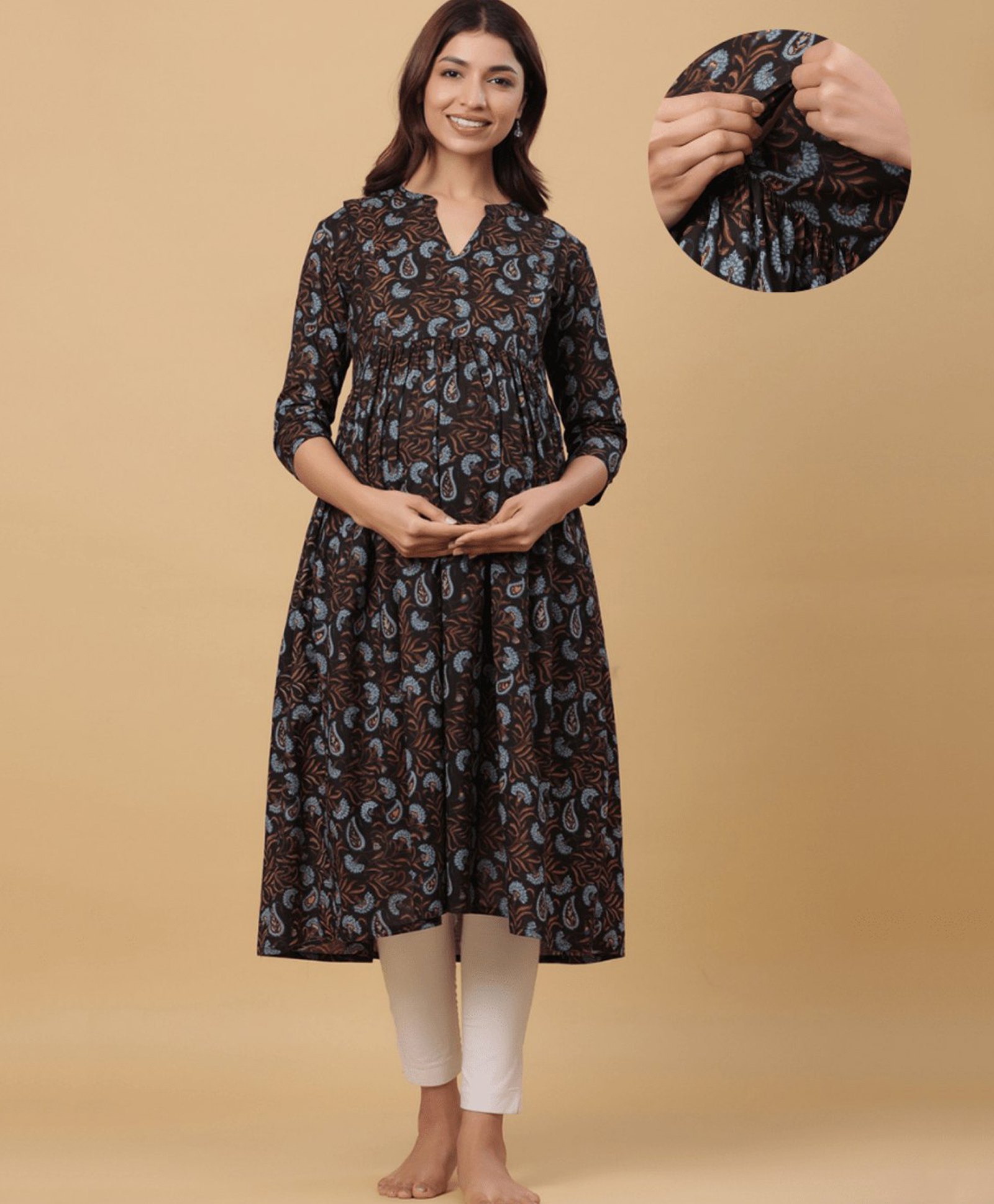 CRAFIQA Three Fourth Sleeves Paisley Printed Maternity Kurta With Concealed Zipper Nursing Access - Black & Blue-image-48