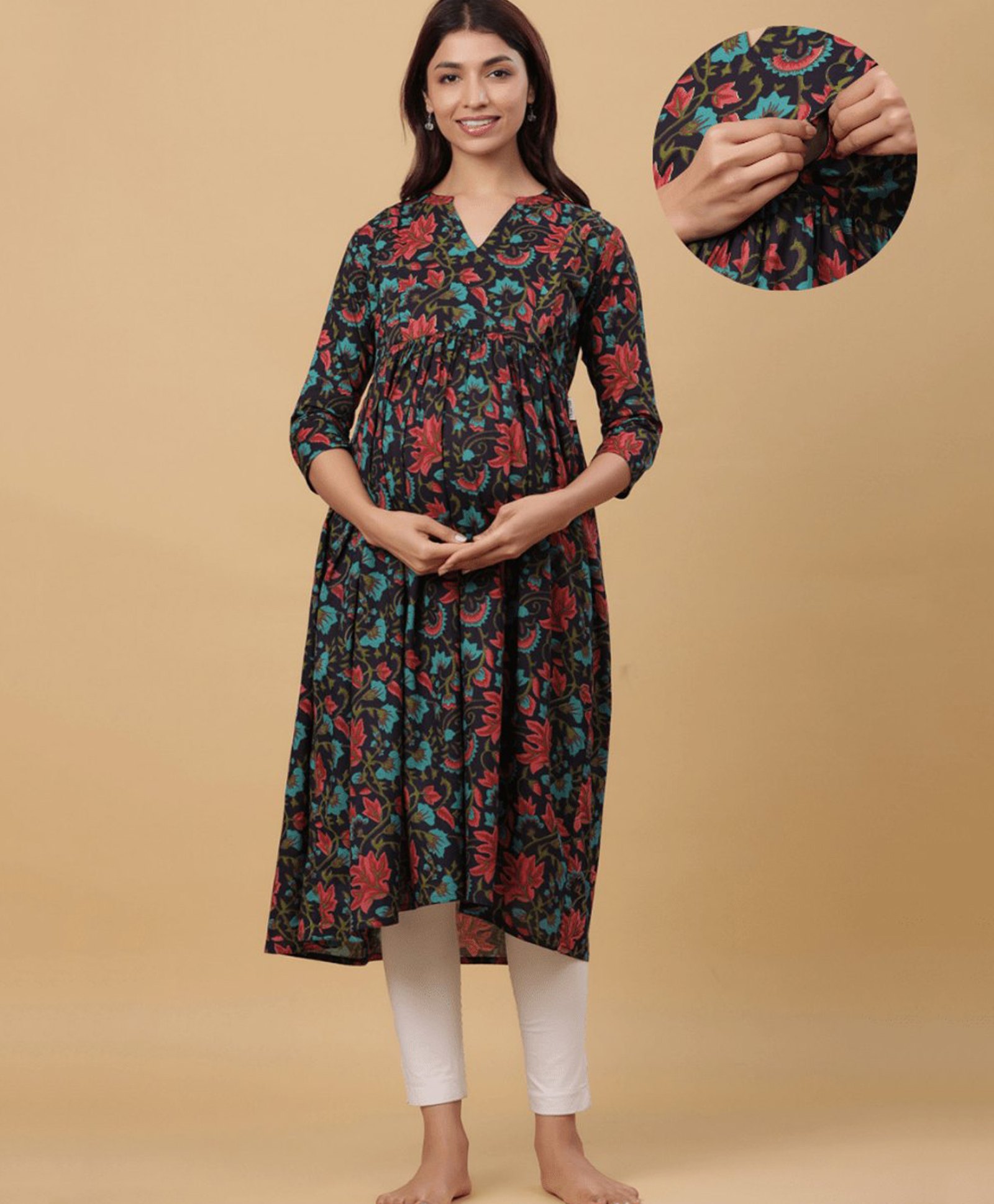 CRAFIQA Three Fourth Sleeves Floral Printed Maternity Kurta With Concealed Zipper Nursing Access - Black & Blue Red-image-49