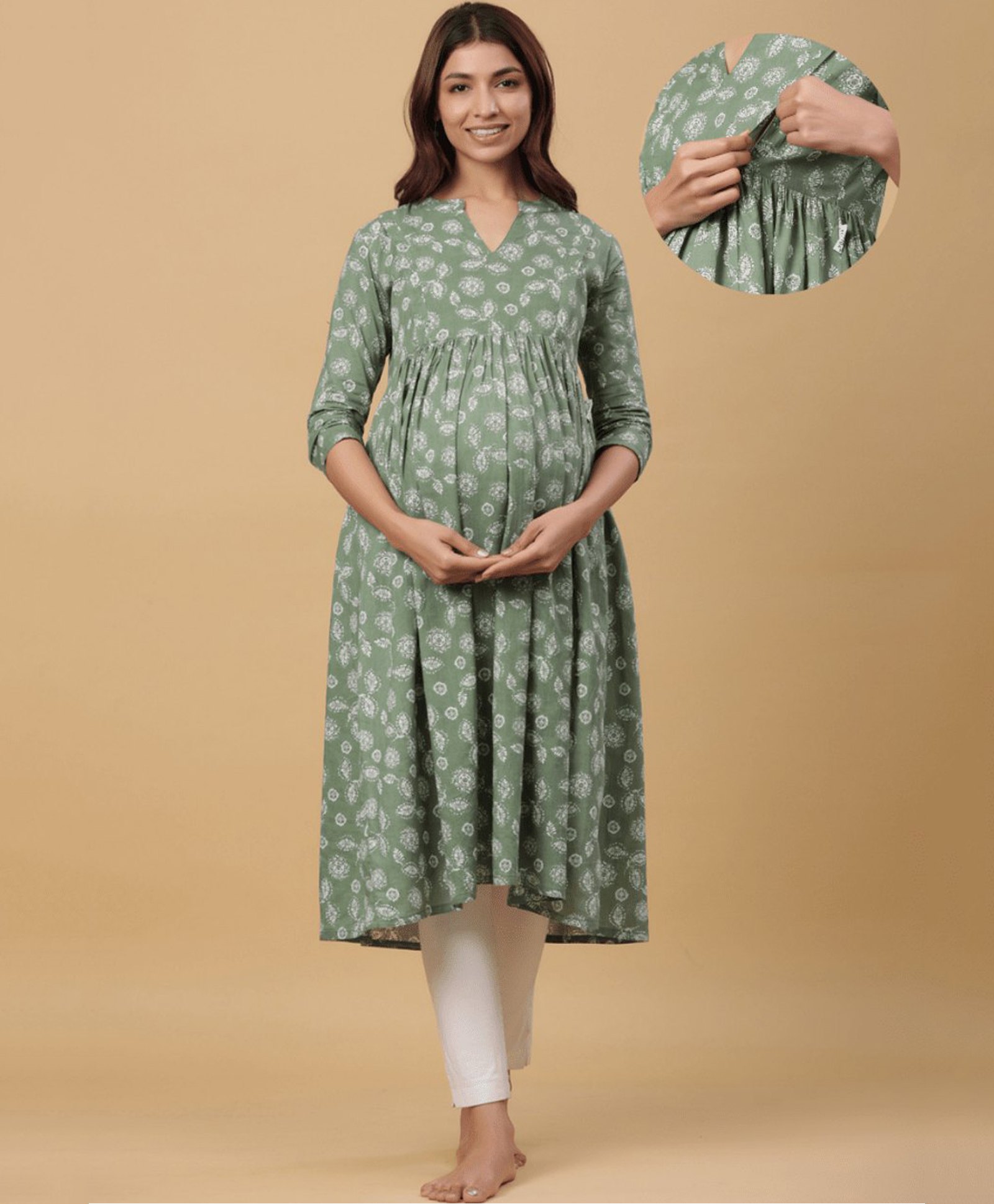 CRAFIQA Three Fourth Sleeves Floral Printed Maternity Kurta With Concealed Zipper Nursing Access - Light Green-image-47