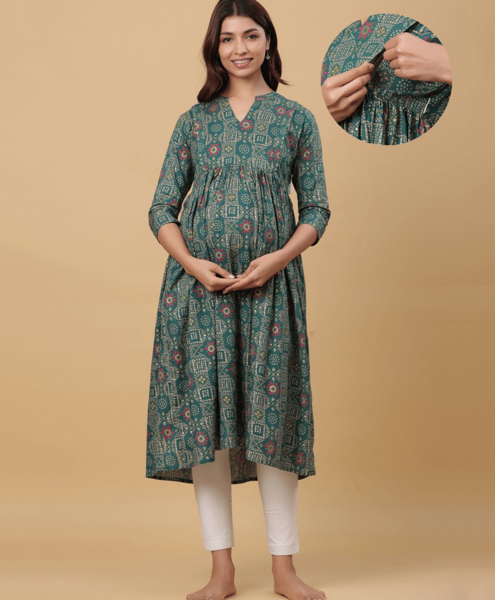 CRAFIQA Three Fourth Sleeves Abstract Printed Maternity Kurta With Concealed Zipper Nursing Access - Green-image-42