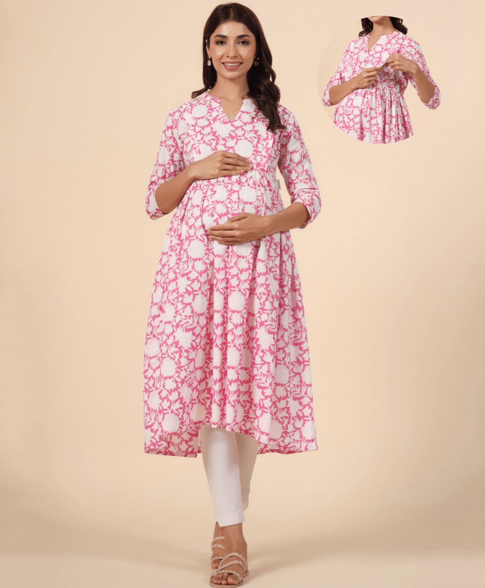 CRAFIQA Three Fourth Sleeves Floral Printed Maternity Kurta With Concealed Zipper Nursing Access - Pink & White-image-46