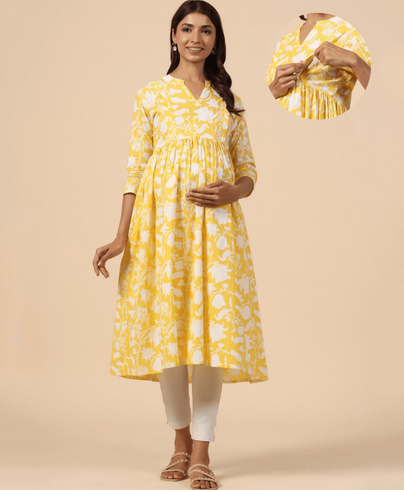 CRAFIQA Three Fourth Sleeves Floral Printed Maternity Kurta With Concealed Zipper Nursing Access - Yellow & White-image-48