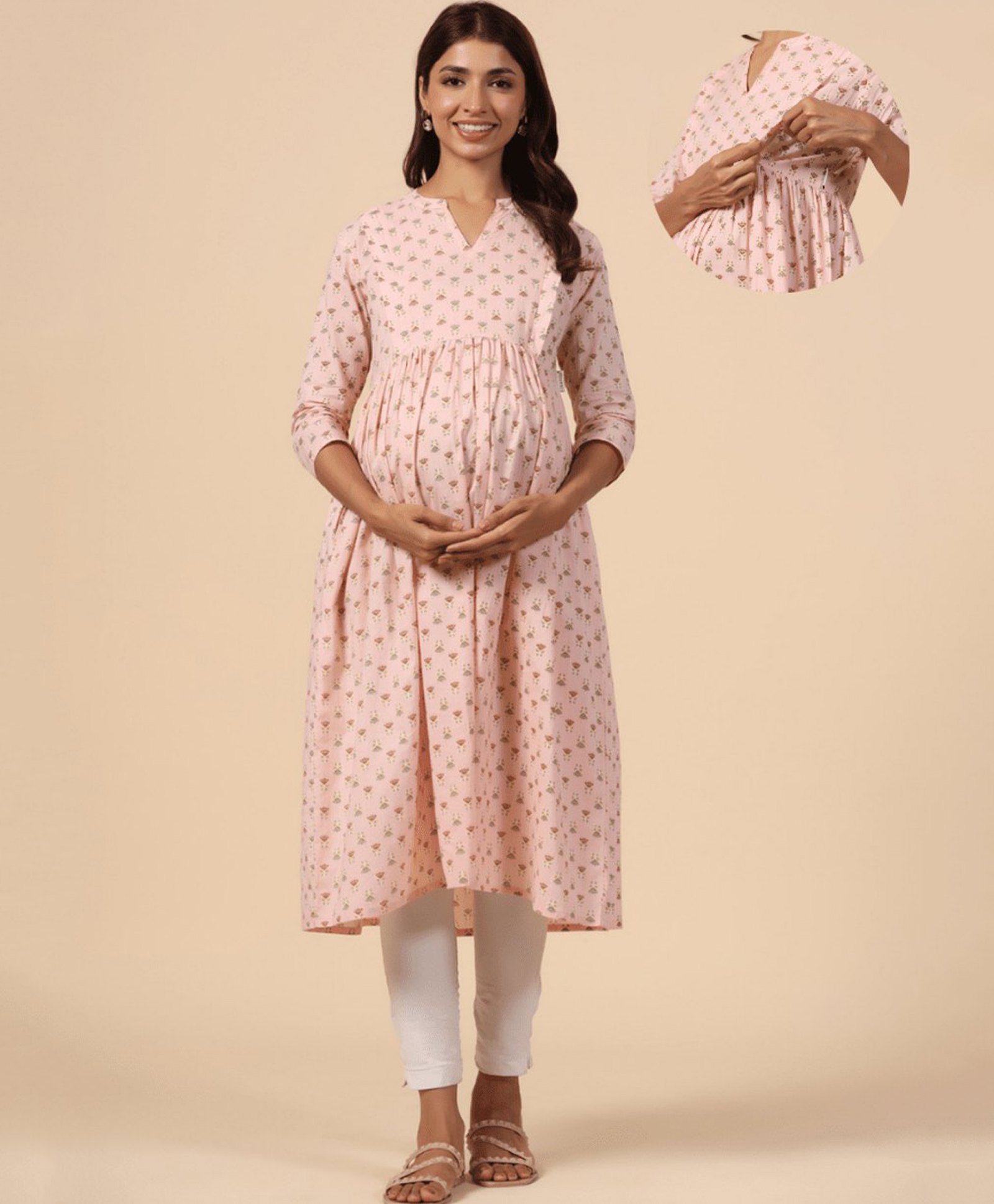 CRAFIQA Three Fourth Sleeves Abstract Printed Maternity Kurta With Concealed Zipper Nursing Access - Baby Pink-image-39