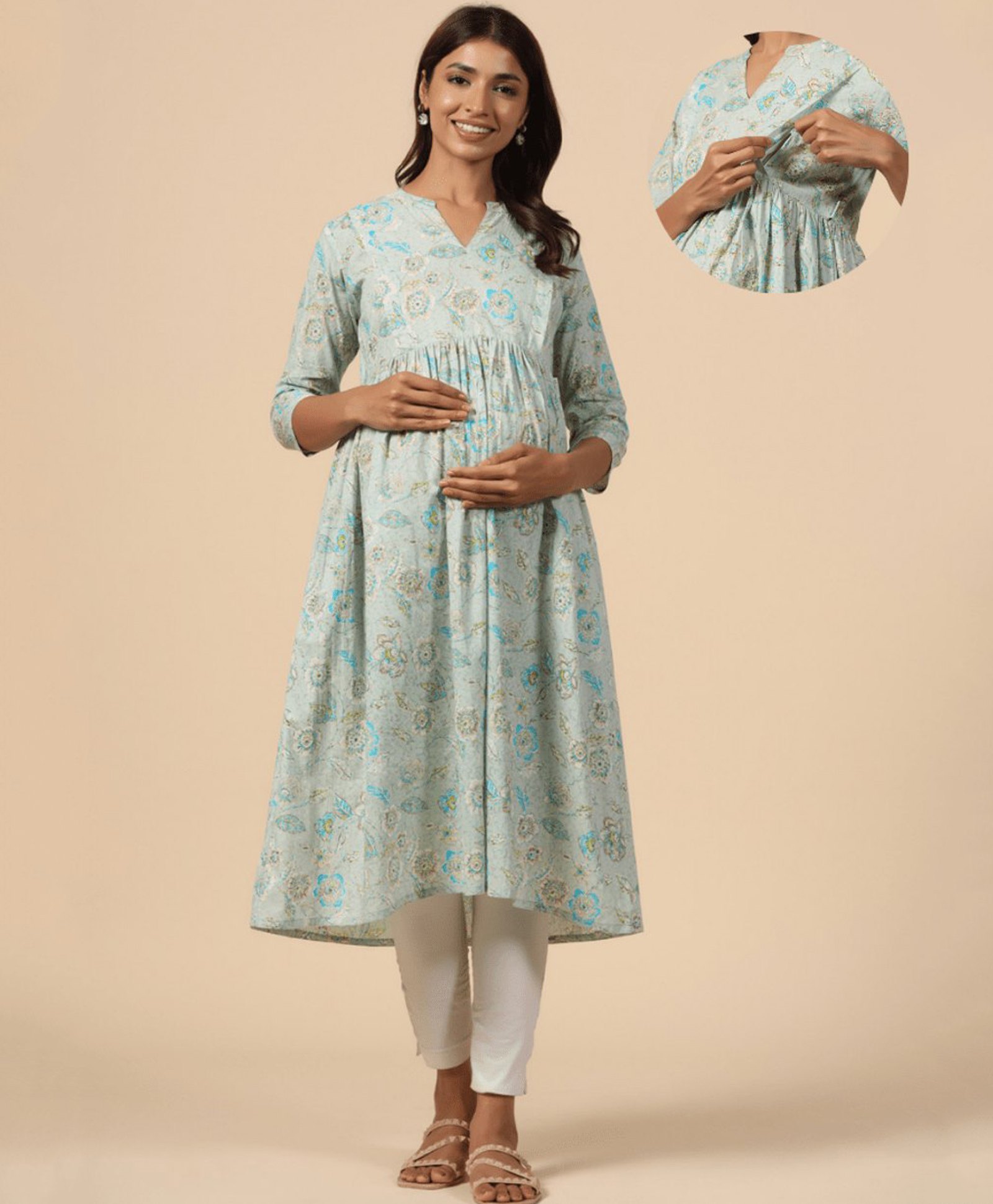 CRAFIQA Three Fourth Sleeves Floral Printed Maternity Kurta With Concealed Zipper Nursing Access - Light Blue-image-27