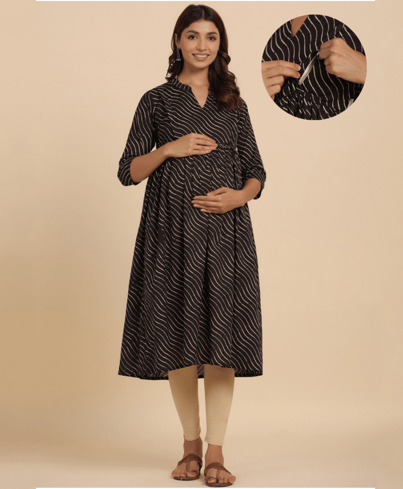 CRAFIQA Three Fourth Sleeves Leheriya Printed Maternity Kurta With Concealed Zipper Nursing Access - Black-image-25