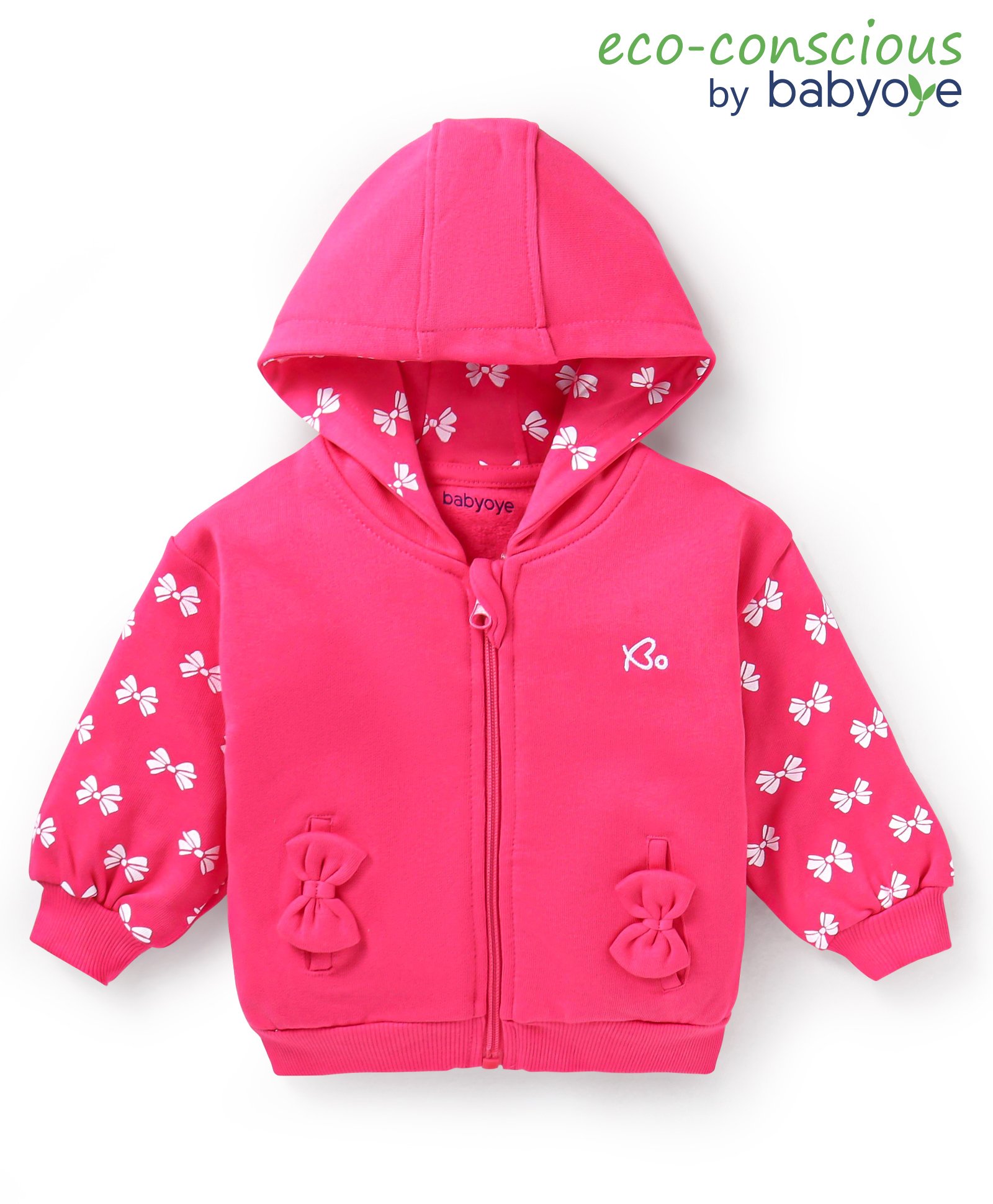 Babyoye Cotton Knit Full Sleeves Hooded Sweatjacket with Bow Print & Applique - Dark Pink-image-40