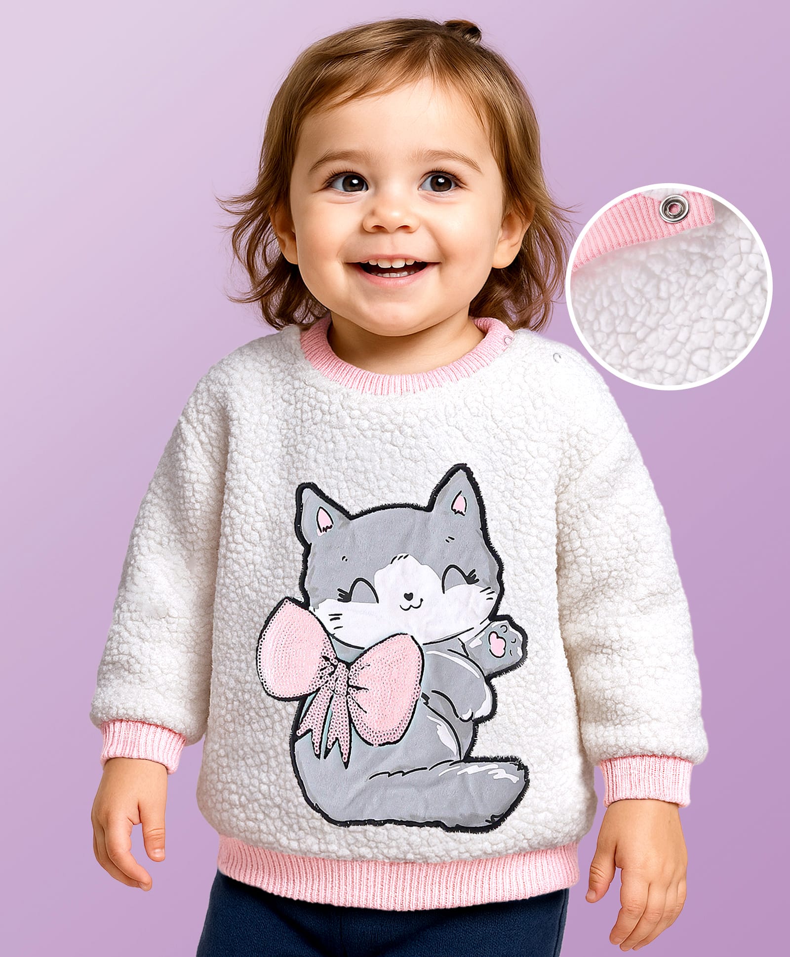 Babyoye Cotton Knit Full Sleeves Sweatshirt With Kitty Print - White-image-46