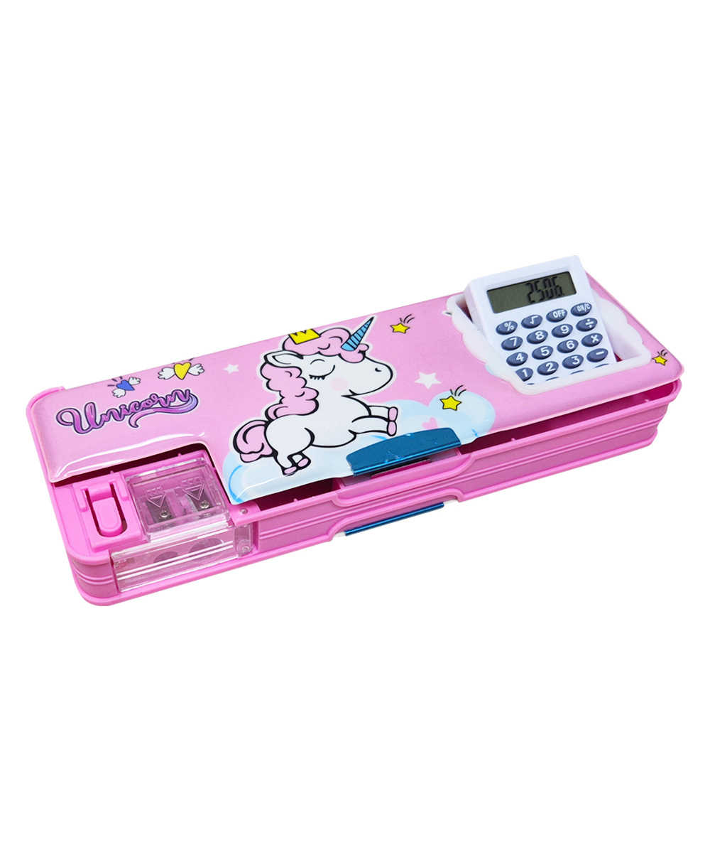 Parteet Premium Quailty Cartoon Printed Pencil Box with Calculator, 2 Compartment, Dual Sharpener, Magnetic Lock and Birthday Party Return Gift For Kids (UNI PINK)-image-3
