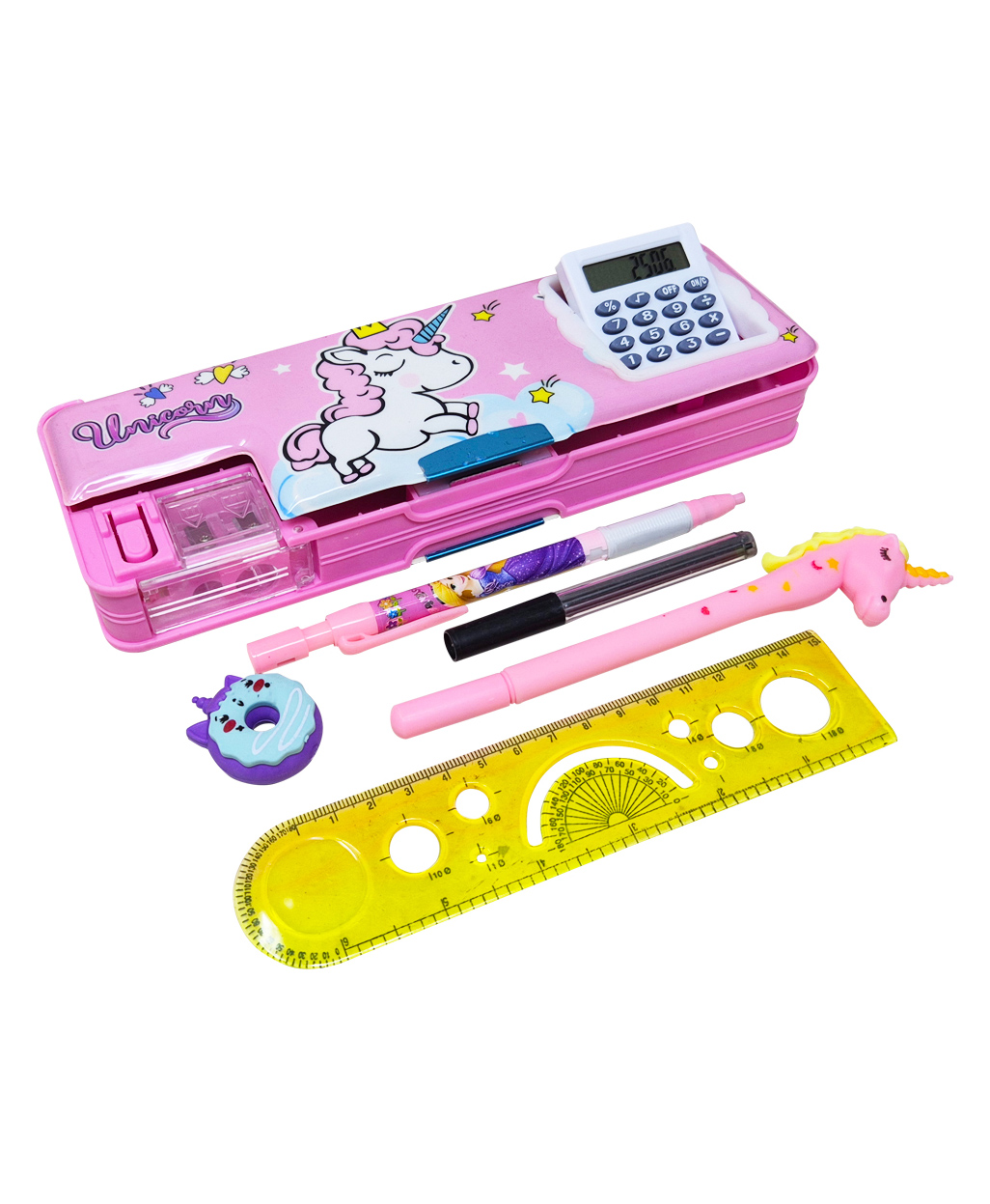 Parteet Premium Quality Stationery Pencil Box with Calculator, 2 Compartment, Dual Sharpener, Pen & Pencil Holder, Magnetic Lock and Stationery Items 1 Pencil, 1 Pen, 1 Eraser, 1 Scale For Kids (UNI PINK)-image-35