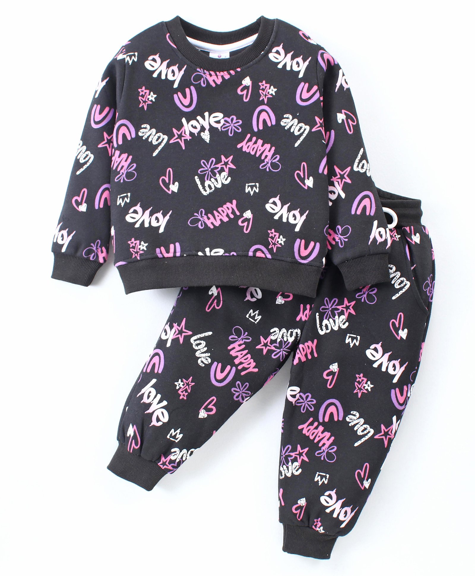 Smarty Girls Fleece Woven Full Sleeves Winter Night Suit with Text & Hearts Print - Charcoal-picture-48