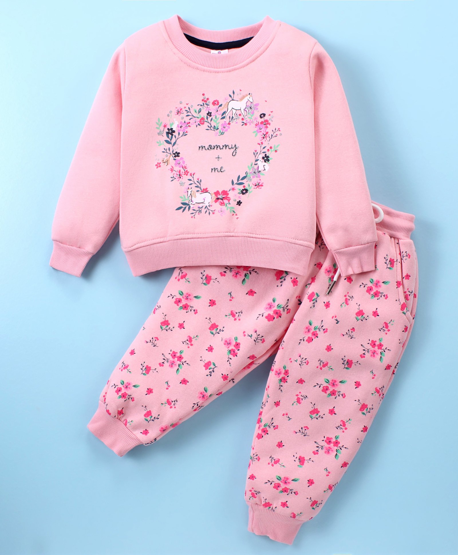 Smarty Girls Cotton Woven Full Sleeves Fleece Winter Night Suit Floral & Unicorn Print - Pink-picture-47