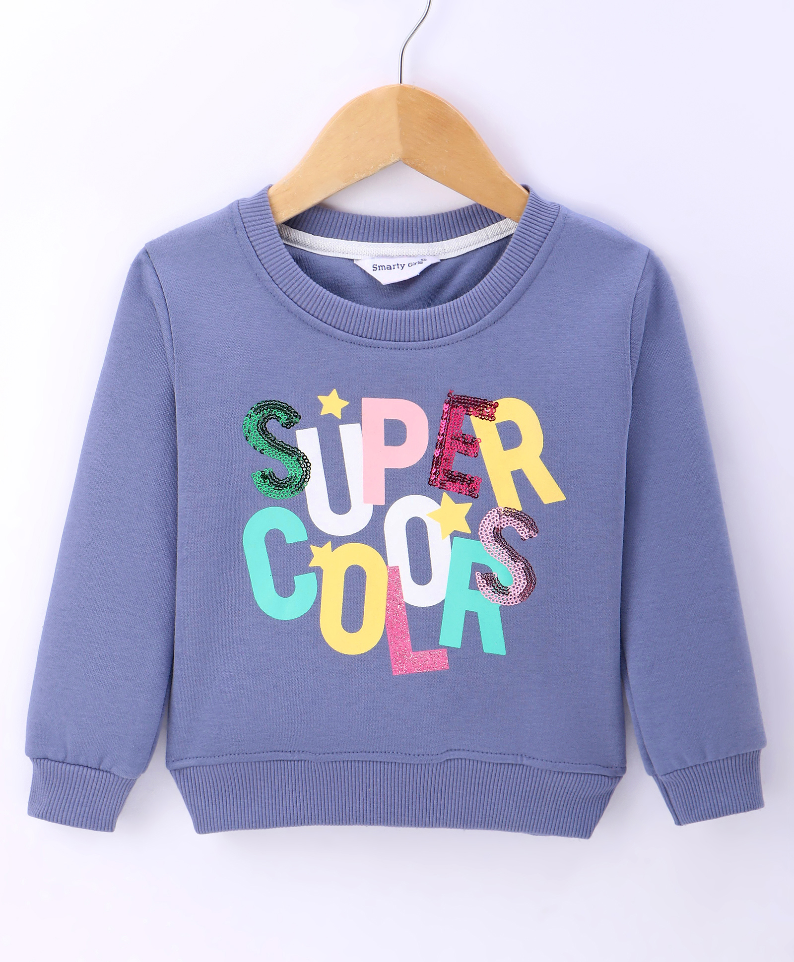 Smarty Girls Cotton Knit Full Sleeves Sweatshirt with Text & Sequin Embroidery - Blue-picture-19
