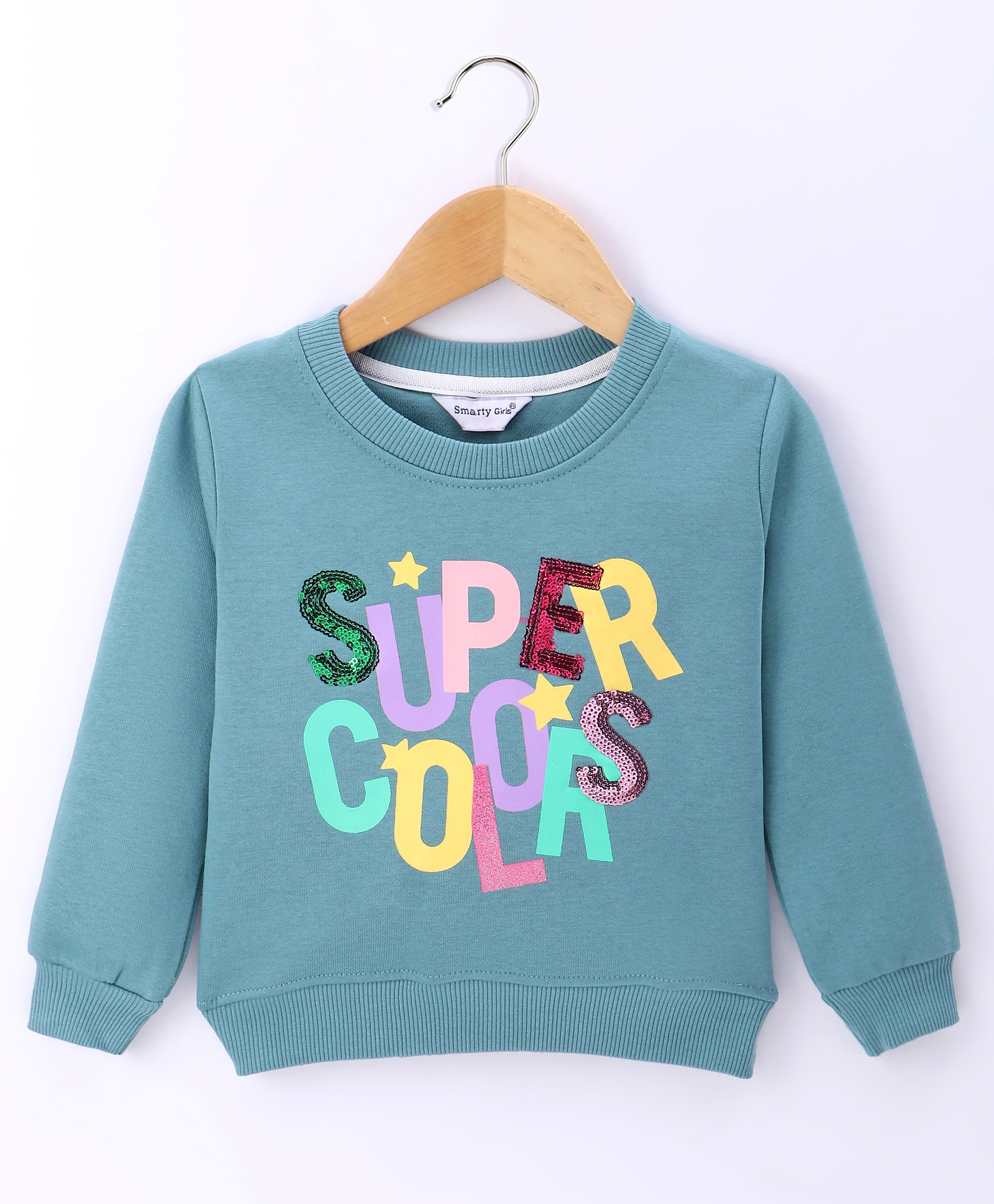 Smarty Girls Cotton Knit Full Sleeves Sweatshirt with Text & Sequin Embroidery - Light Blue-picture-22