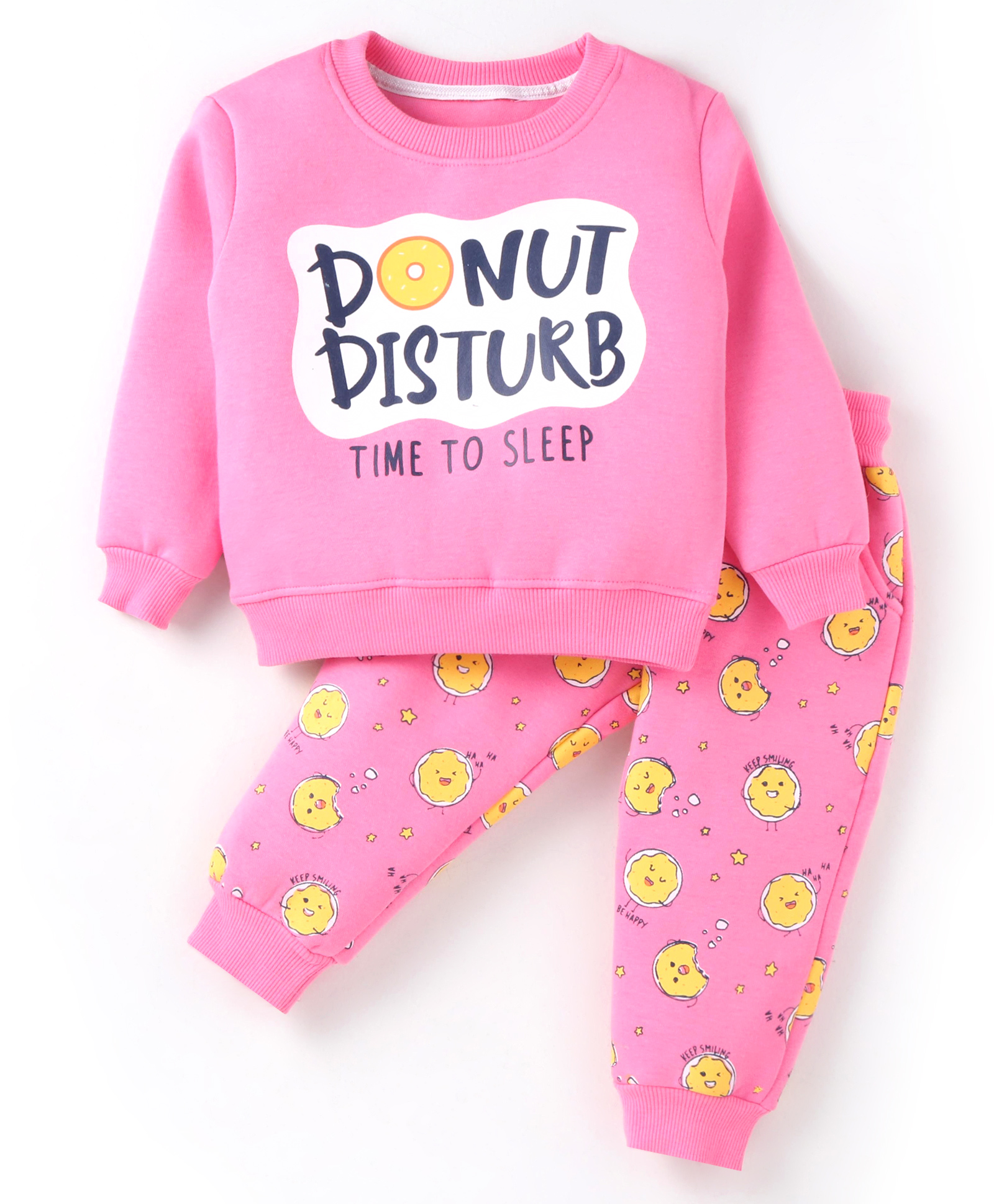 Smarty Girls Fleece Woven Full Sleeves Winter Night Suit with Text Print - Pink-picture-31