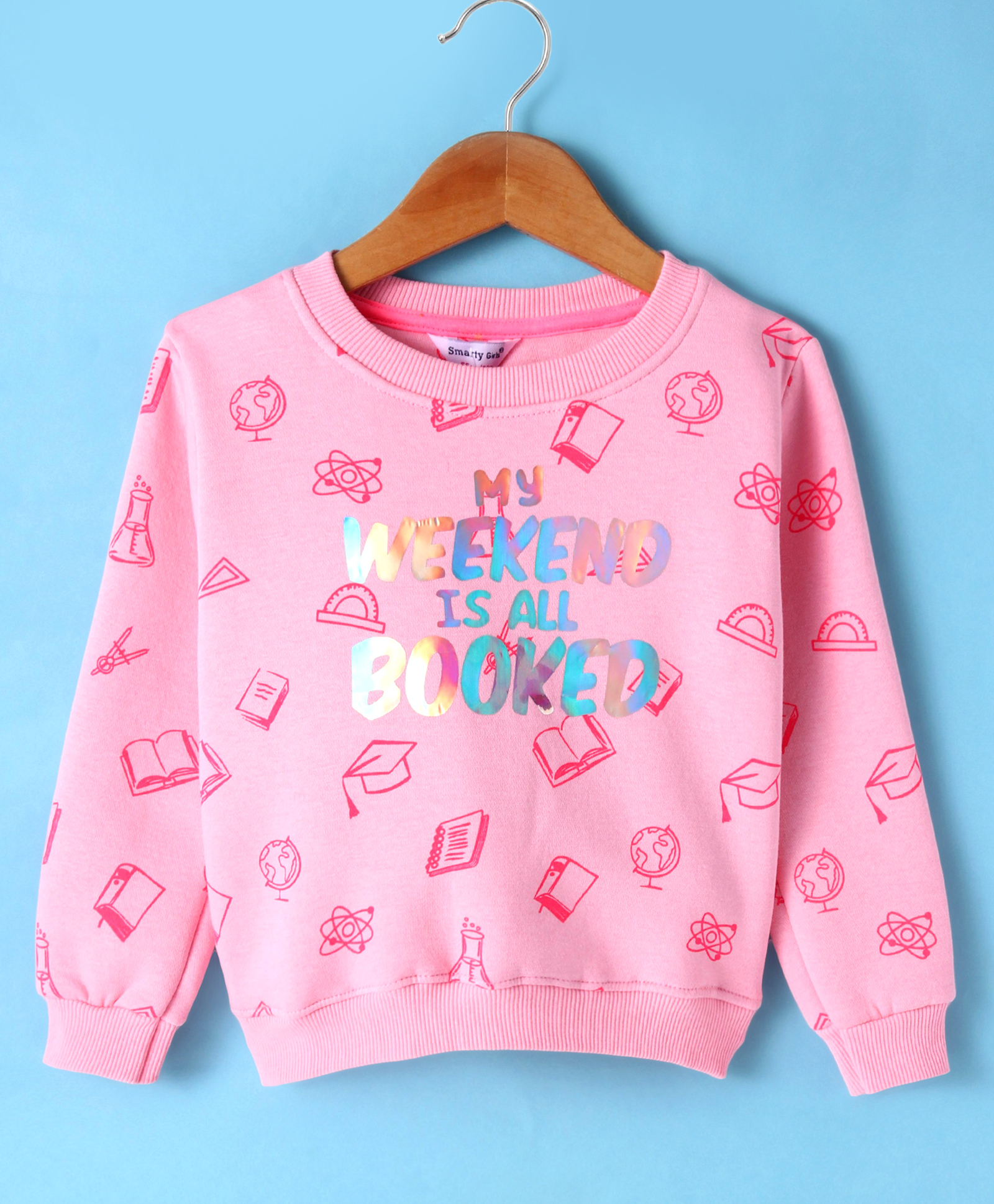 Smarty Girls Cotton Knit Full Sleeves Sweatshirt with Holographic Text Print - Pink-image-43