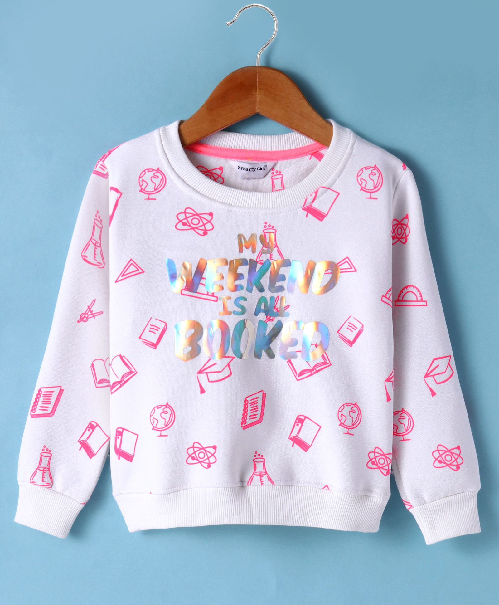 Smarty Girls Cotton Knit Full Sleeves Sweatshirt with Holographic Text Print - Off White-picture-22