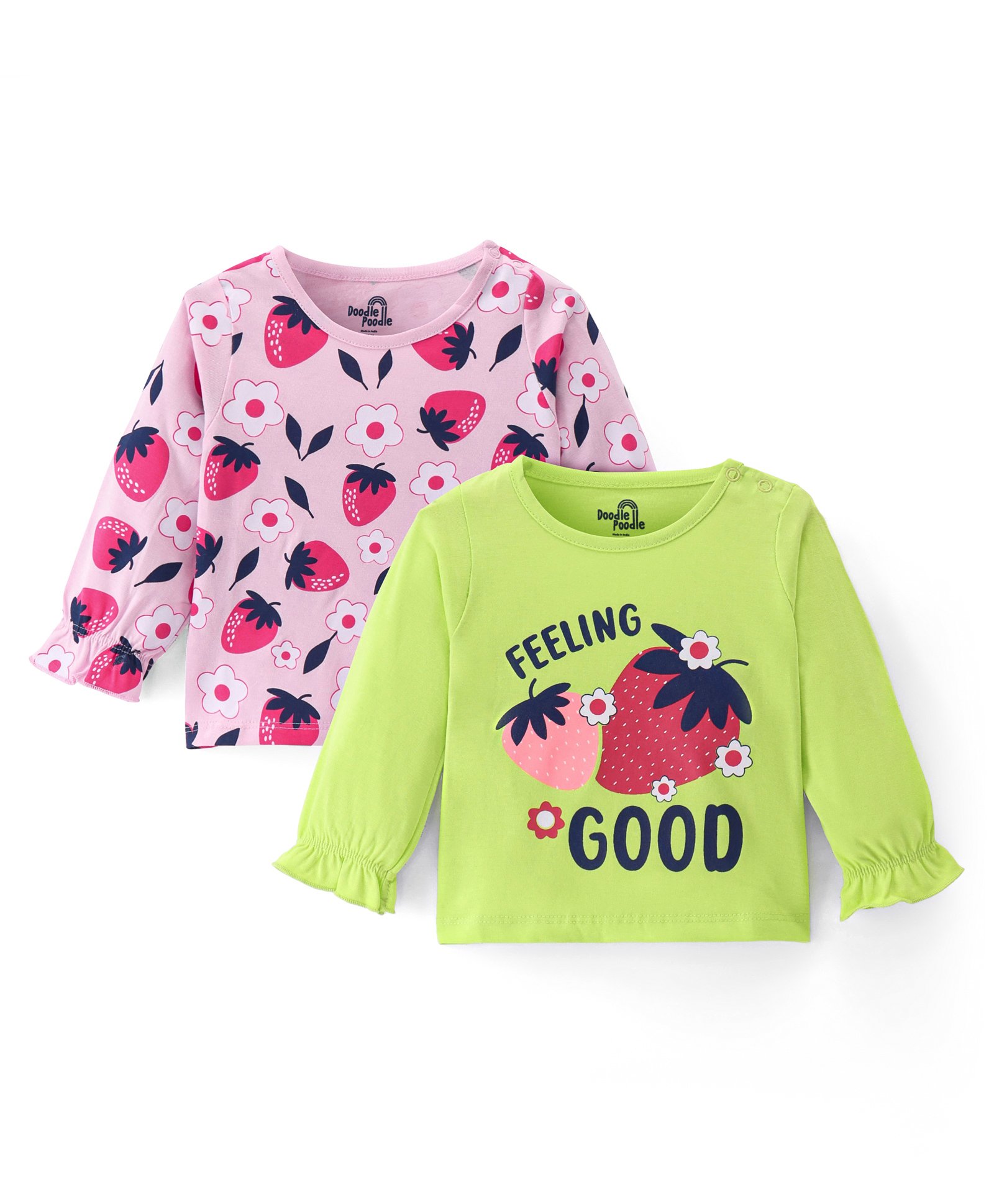 Doodle Poodle 100% Cotton Knit Single Jersey Full Sleeves Tops with Strawberry Print Pack of 2 - Pink & Green-picture-13