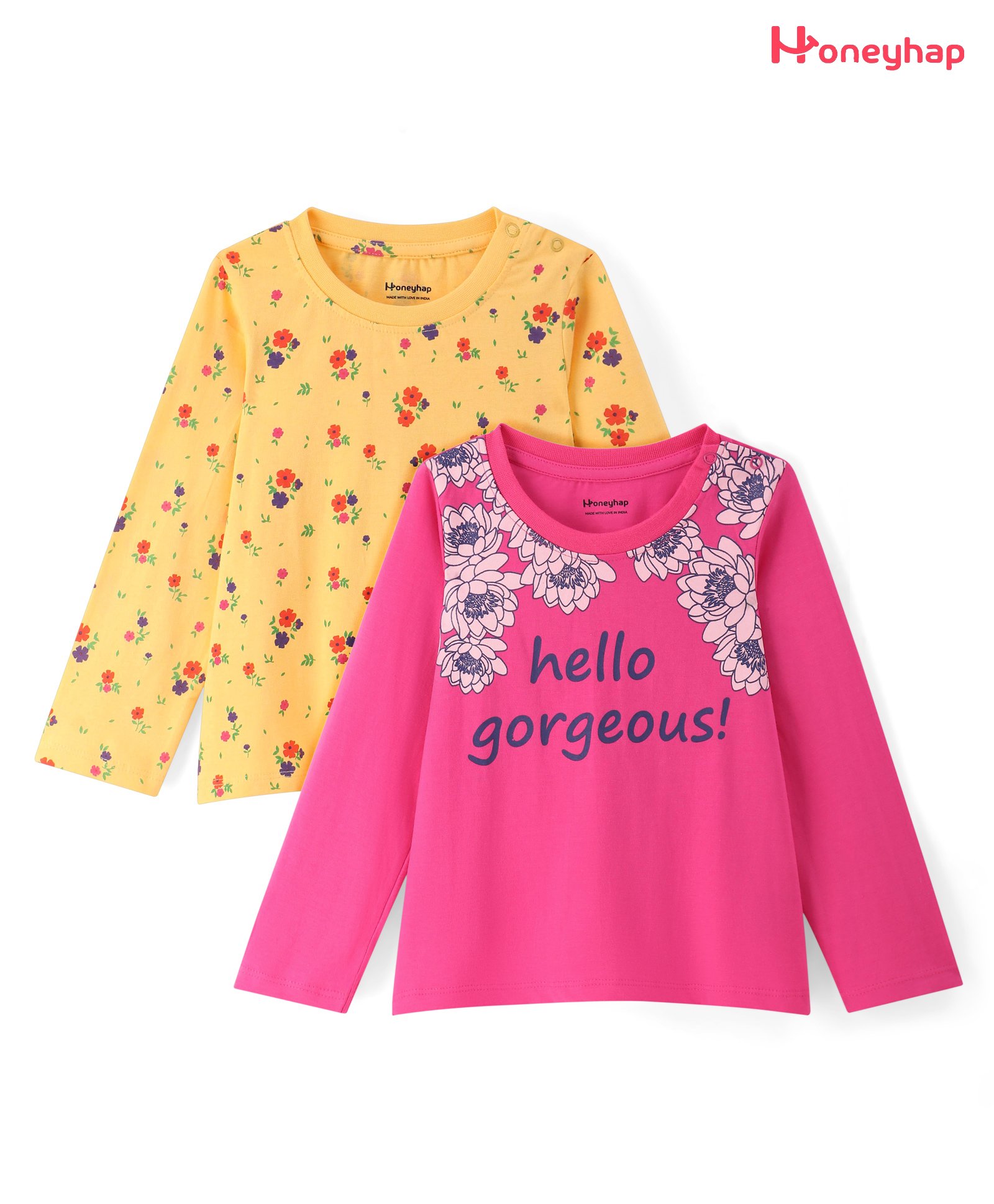 Honeyhap 100% Cotton Knit Full Sleeves Tops With Floral Print - Yellow & Pink-picture-4