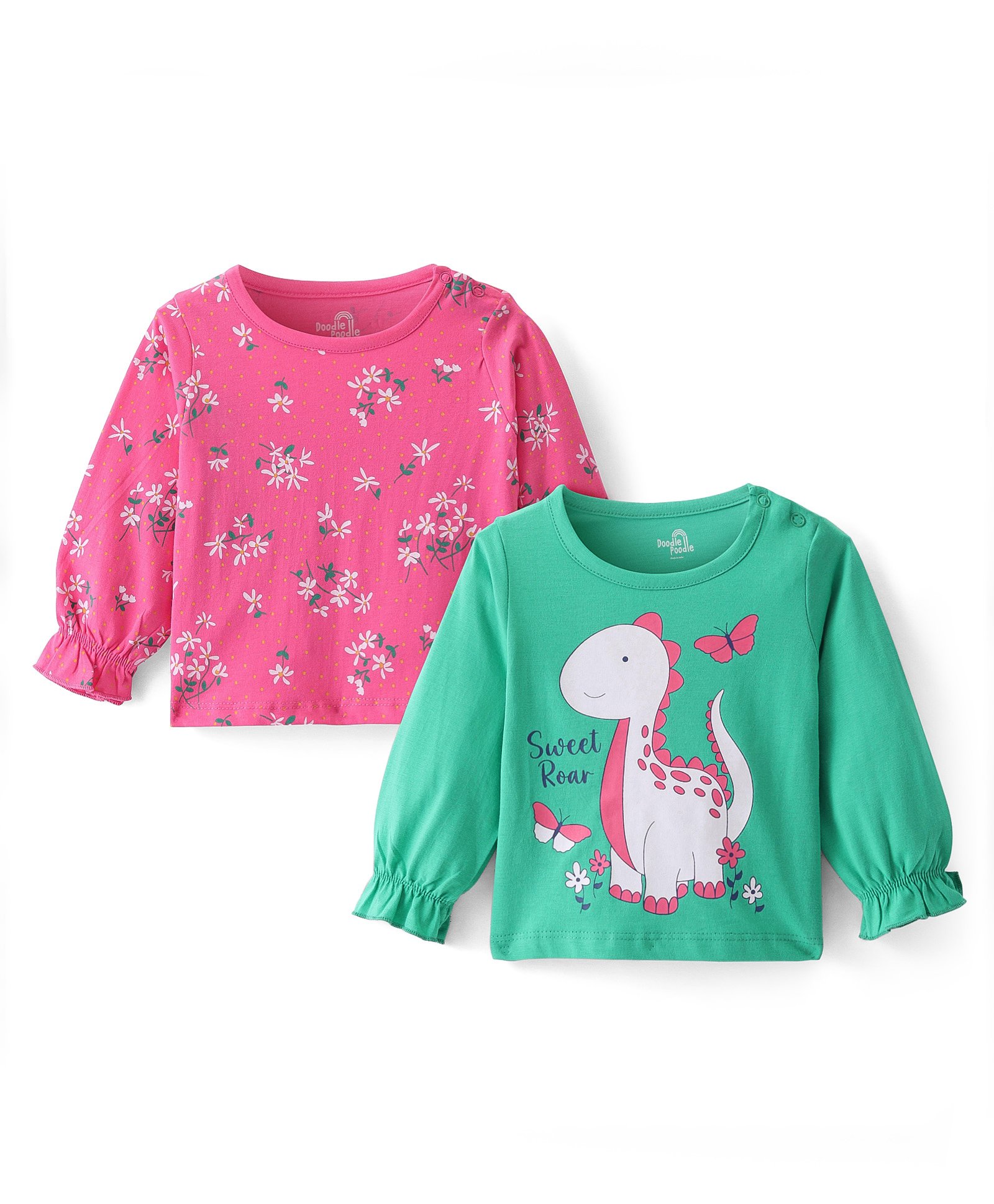 Doodle Poodle 100% Cotton Knit Single Jersey Full Sleeves Tops with Floral & Dino Print Pack of 2 - Pink & Green-picture-12
