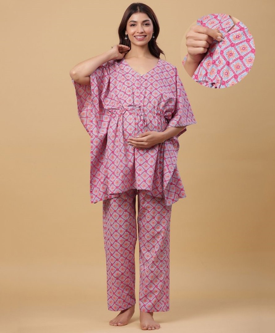 Ikk Kudi by Seerat Cotton Woven Three Fourth Batwing Sleeves Floral Motif Printed Kaftan Top With Zipper Nursing Access & Pant Set - Blue-picture-27