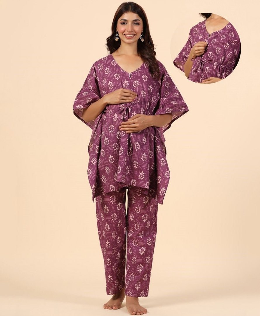 Ikk Kudi by Seerat Cotton Woven Three Fourth Batwing Sleeves Floral Motif Printed Kaftan Top With Zipper Nursing Access & Pant Set - Burgundy-picture-22