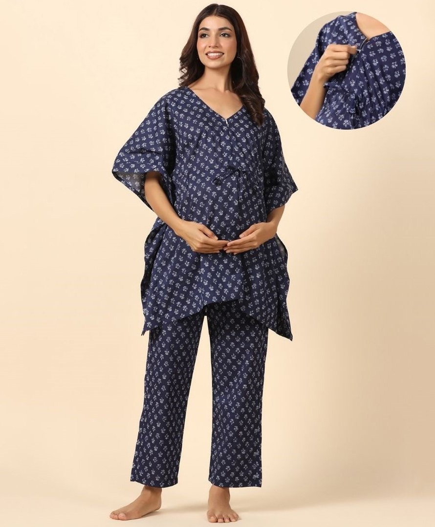 Ikk Kudi by Seerat Cotton Woven Three Fourth Batwing Sleeves Floral Motif Printed Kaftan Top With Zipper Nursing Access & Pant Set -  Blue-picture-23