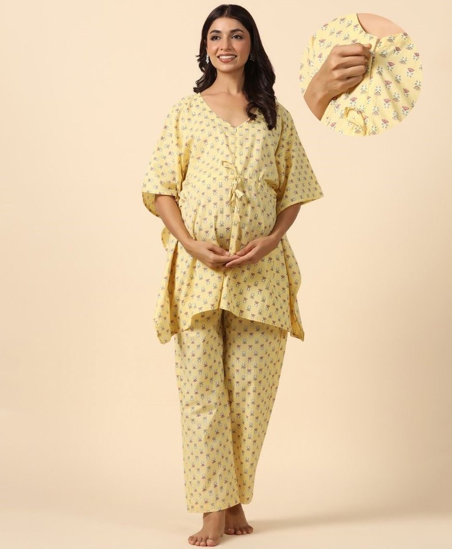 Ikk Kudi by Seerat Cotton Woven Three Fourth Batwing Sleeves Abstract Motif Printed Kaftan Top With Zipper Nursing Access & Pant Set - Light Yellow-picture-24