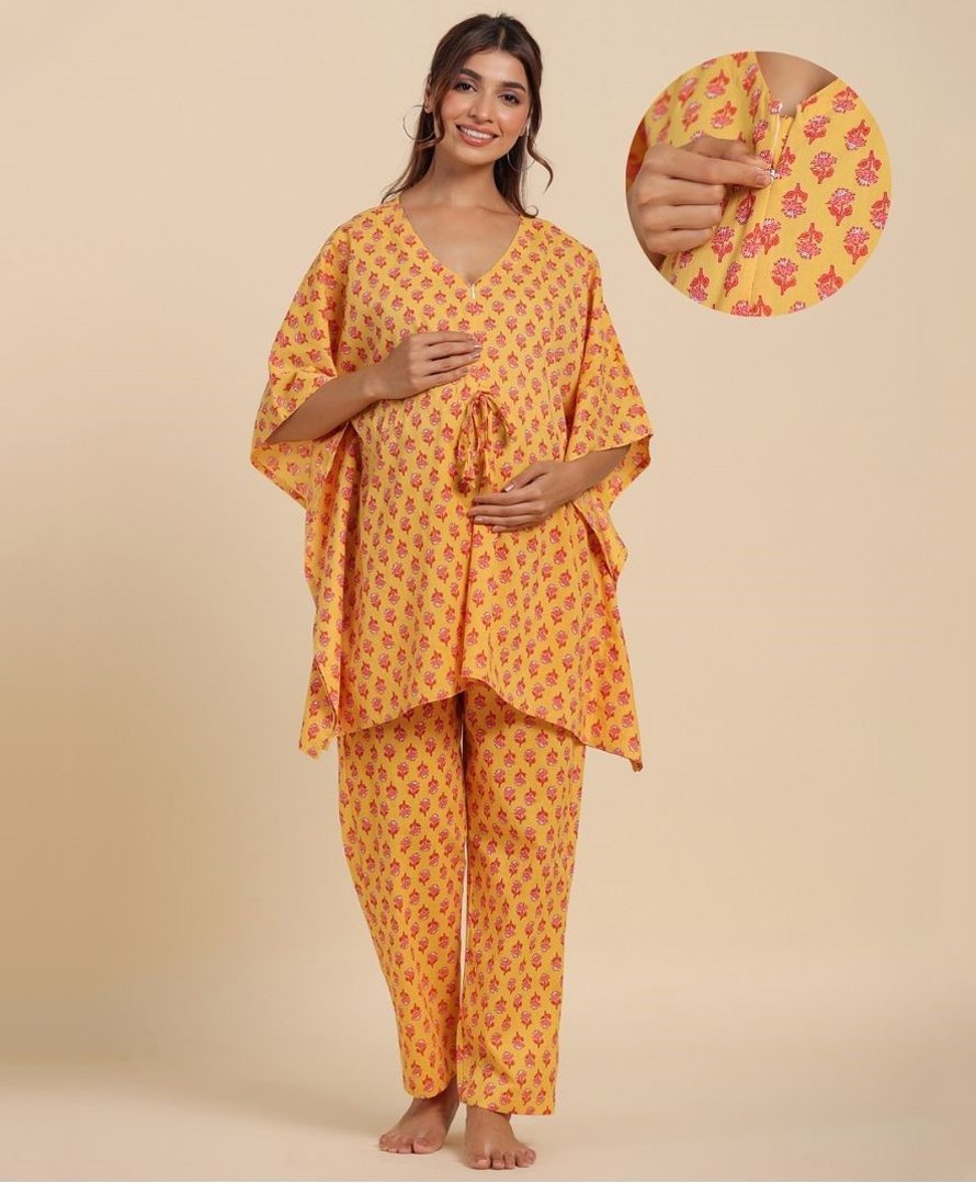 Ikk Kudi by Seerat Cotton Woven Three Fourth Batwing Sleeves Floral Motif Printed Kaftan Top With Zipper Nursing Access & Pant Set - Yellow-picture-28