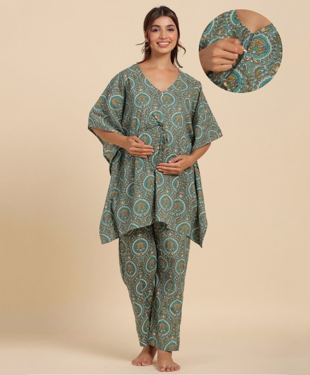 Ikk Kudi by Seerat Cotton Woven Three Fourth Batwing Sleeves Abstract Motif Printed Kaftan Top With Zipper Nursing Access & Pant Set - Green-picture-32