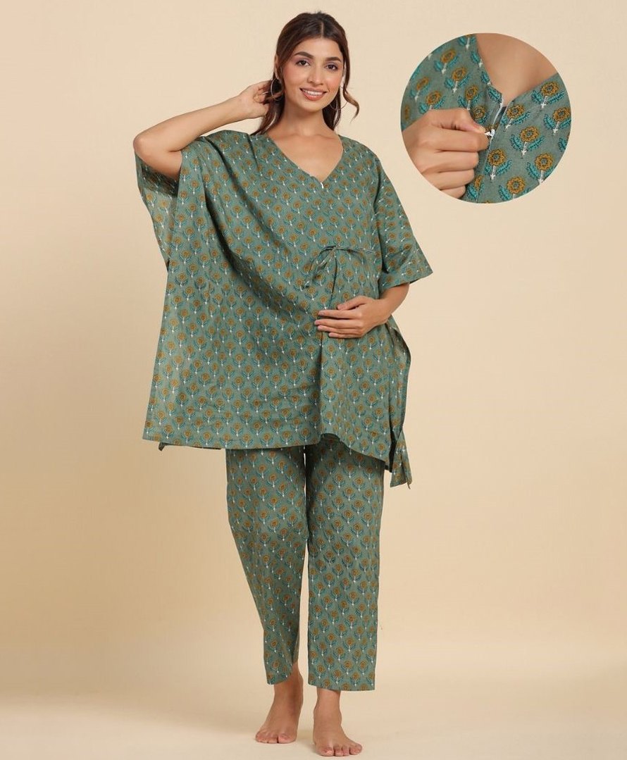 Ikk Kudi by Seerat Cotton Woven Three Fourth Batwing Sleeves Floral Motif Printed Kaftan Top With Zipper Nursing Access & Pant Set - Green-picture-25