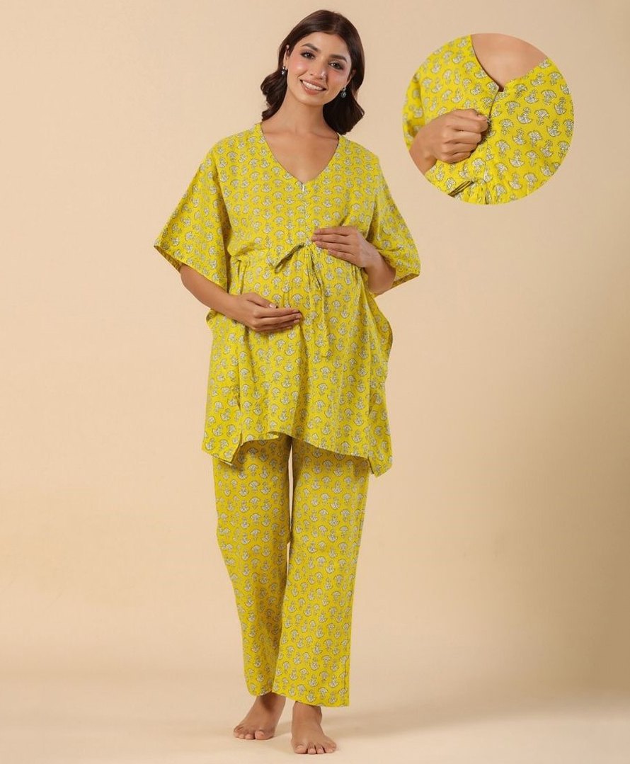 Ikk Kudi by Seerat Cotton Woven Three Fourth Batwing Sleeves Floral Motif Printed Kaftan Top With Zipper Nursing Access & Pant Set - Lemon Yellow-picture-30