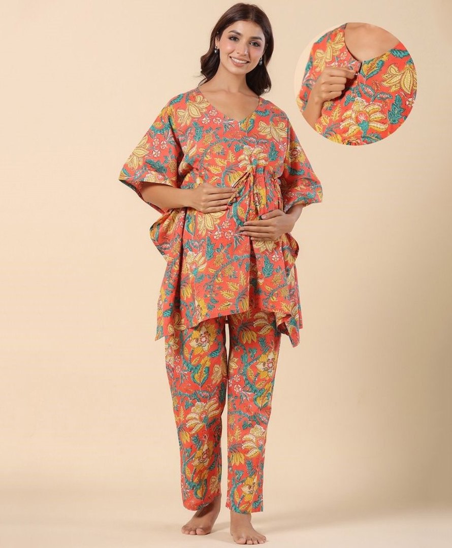 Ikk Kudi by Seerat Cotton Woven Three Fourth Batwing Sleeves Floral Printed Kaftan Top With Zipper Nursing Access & Pant Set - Orange-picture-16