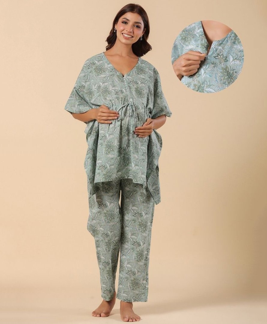 Ikk Kudi by Seerat Cotton Woven Three Fourth Batwing Sleeves Floral Printed Kaftan Top With Zipper Nursing Access & Pant Set - Light Green-picture-17