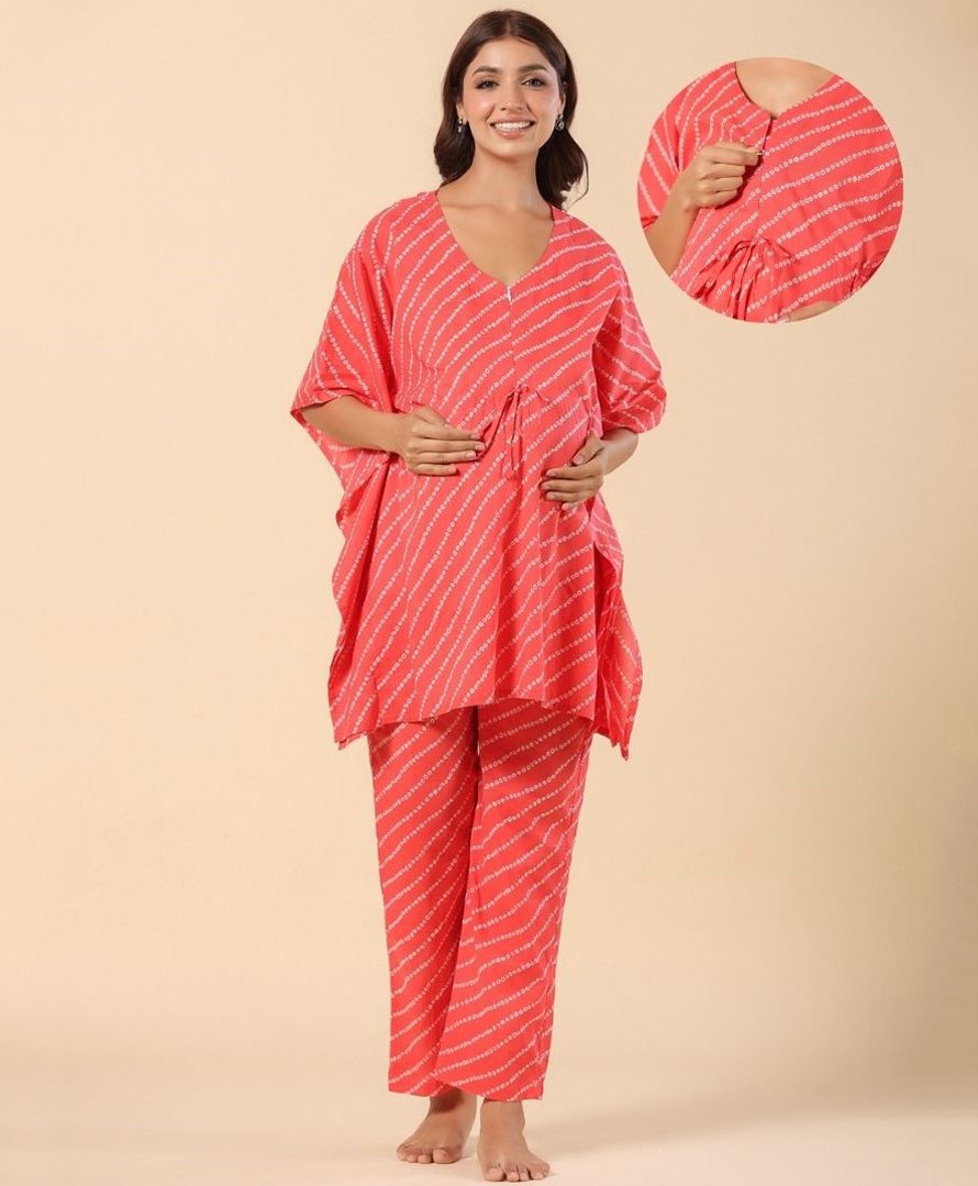 Ikk Kudi by Seerat Cotton Woven Three Fourth Batwing Sleeves Bandhej Design Kaftan Top With Zipper Nursing Access & Pant Set - Pink-picture-12