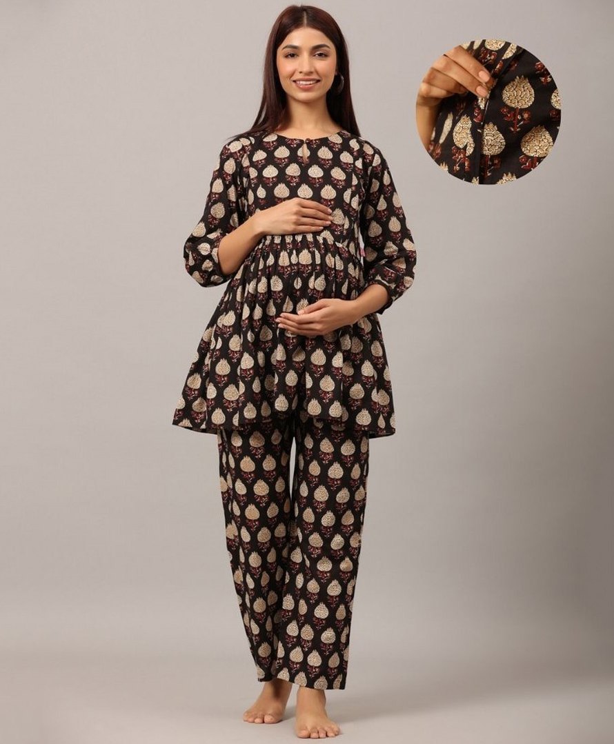 Ikk Kudi by Seerat Cotton Woven Three Fourth Sleeves Motif Printed Peplum Top With Zipper Nursing Access & Pant Set - Black-picture-20