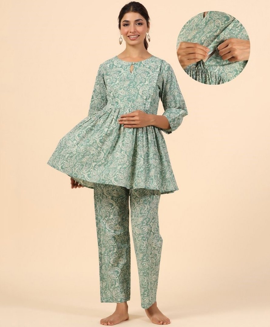 Ikk Kudi by Seerat Cotton Woven Three Fourth Sleeves Floral & Paisley Printed Peplum Top With Zipper Nursing Access & Pant Set - Green-picture-18
