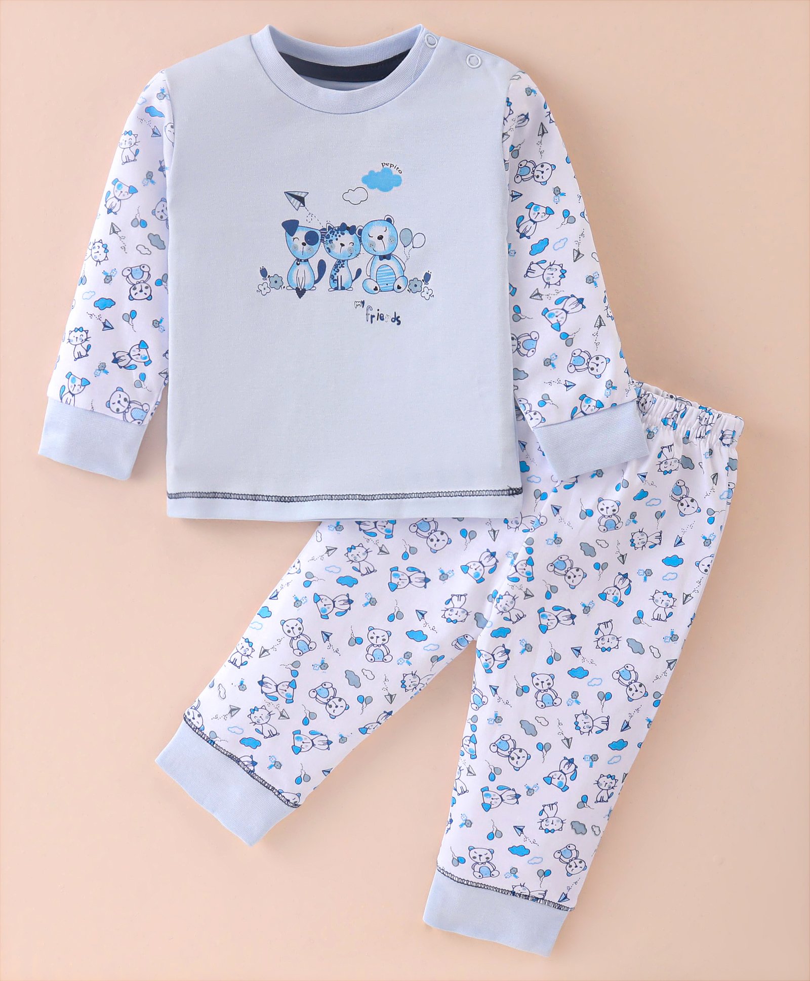 Pepito Interlock Knit Full Sleeves Night Suit with Bear Print - Sky Blue-image-47