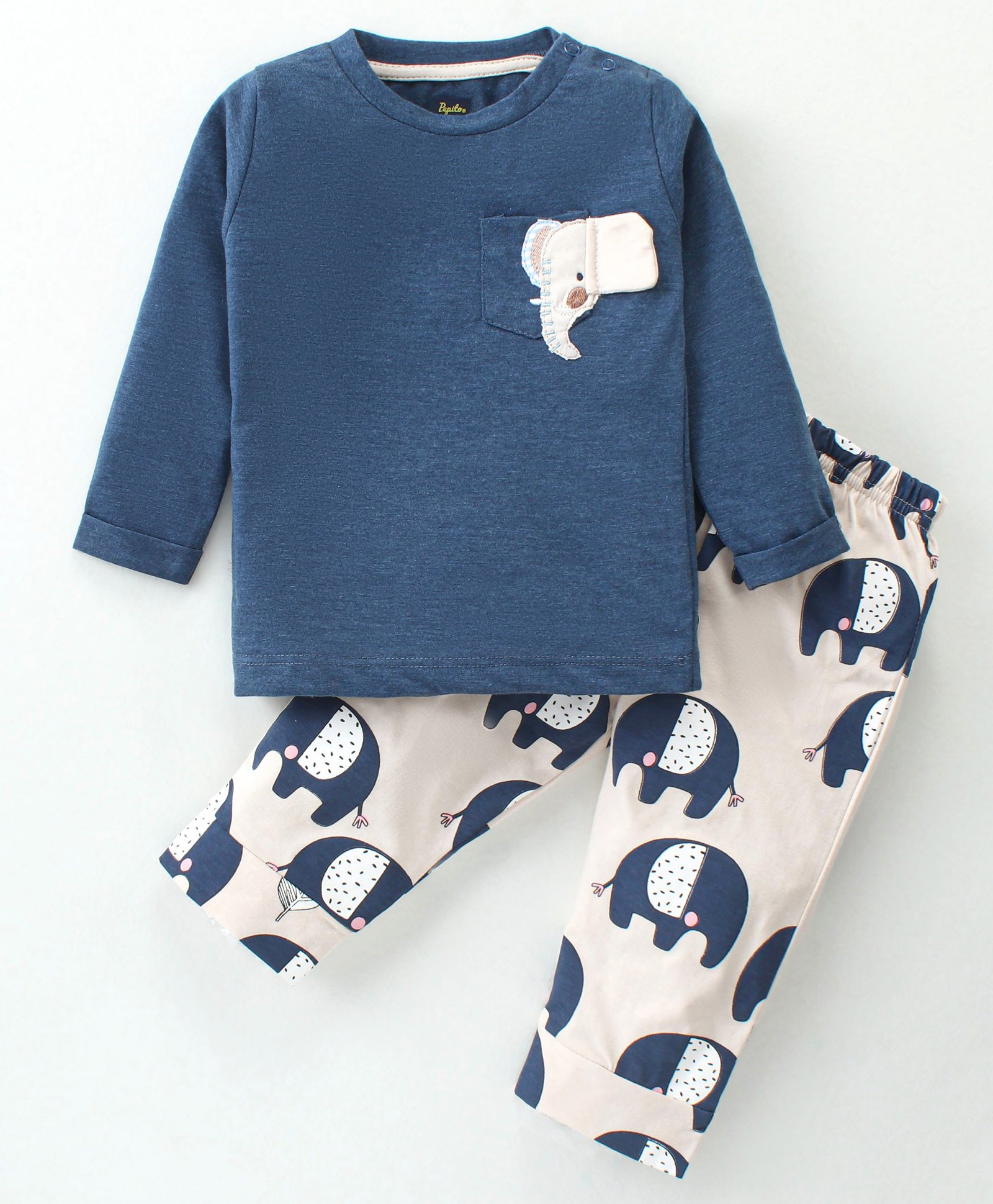 Pepito Cotton Knit Full Sleeves Night Suit With Elephant Print & Applique - Navy & Grey-image-33