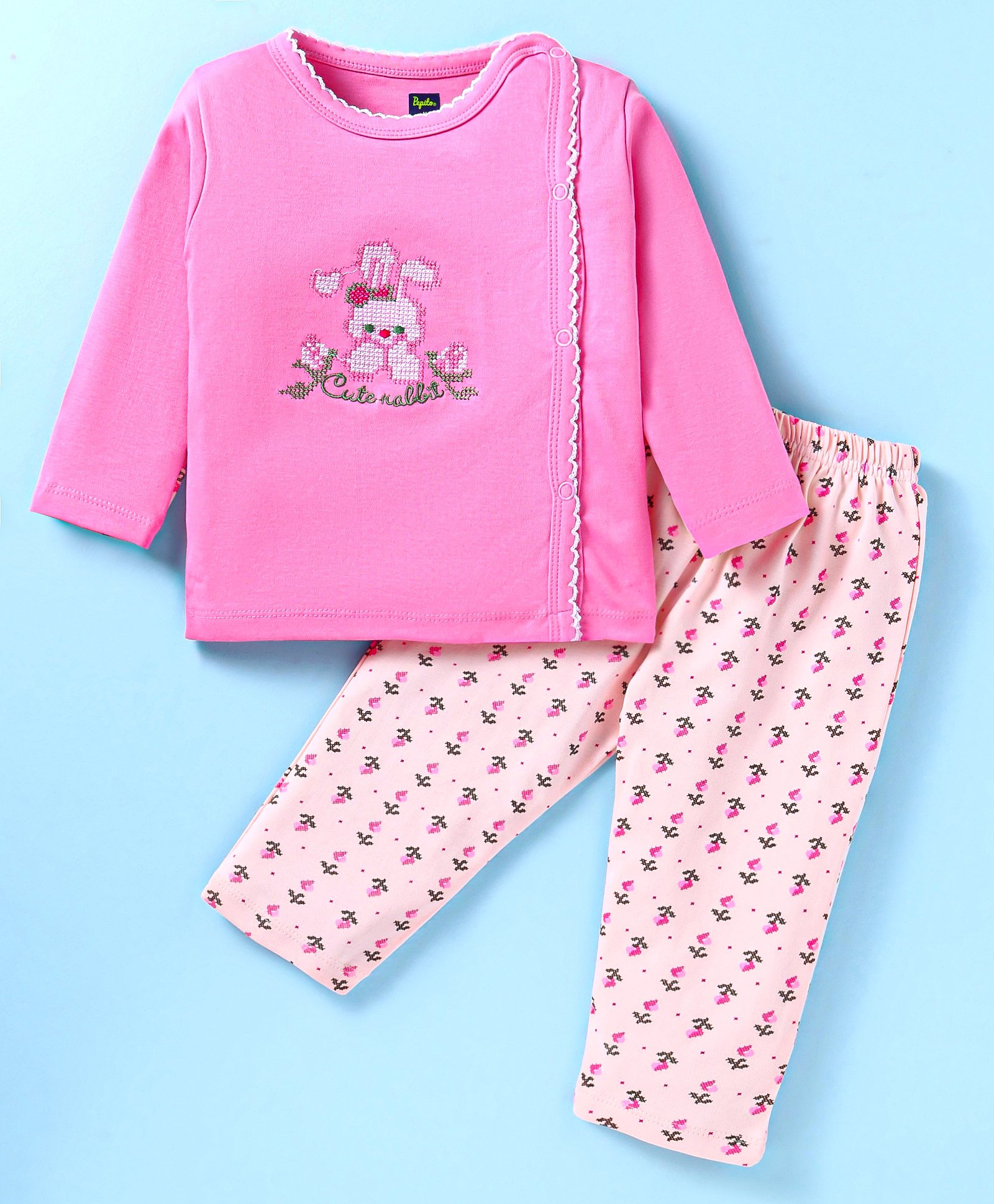 Pepito Cotton Knit Full Sleeves Front Open Night Suit With Animals Embroidery - Pink-image-35