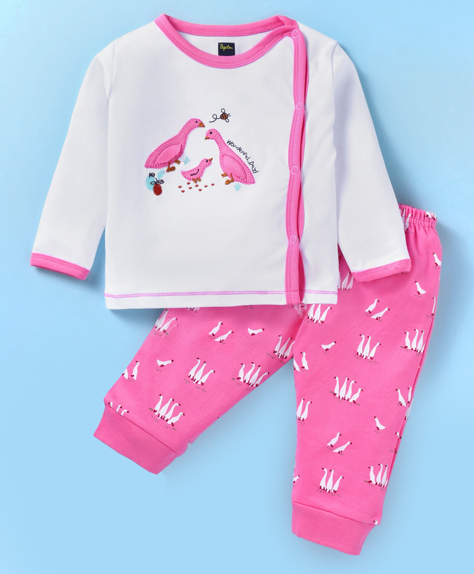 Pepito Interlock Full Sleeves Front Open Night Suit With Birds Print & Embroidery - White & Dark Pink-image-40